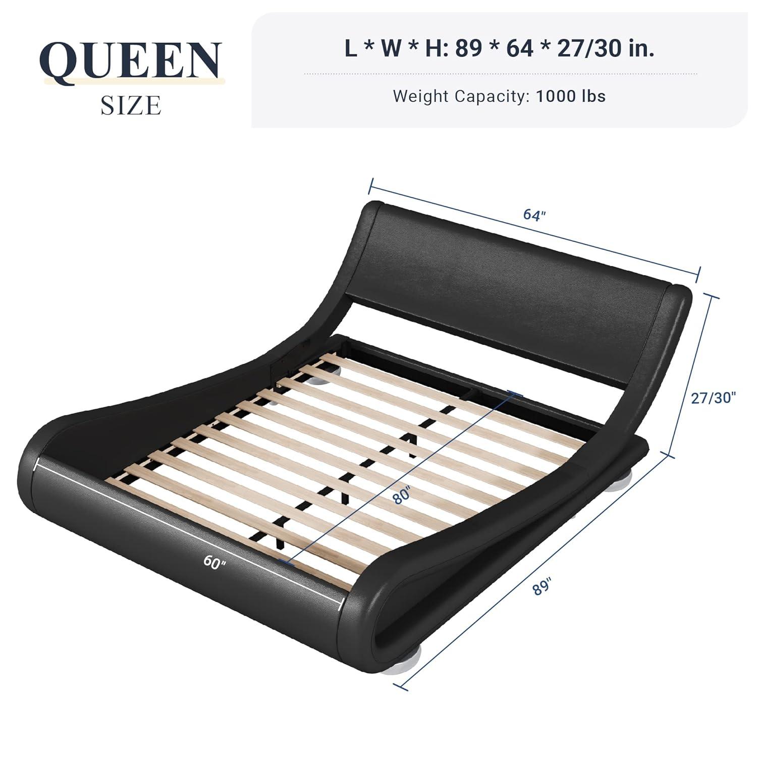 Allewie Queen Size Low Profile Modern Upholstered Platform Bed Frame with Ergonomic & Adjustable Headboard, Black