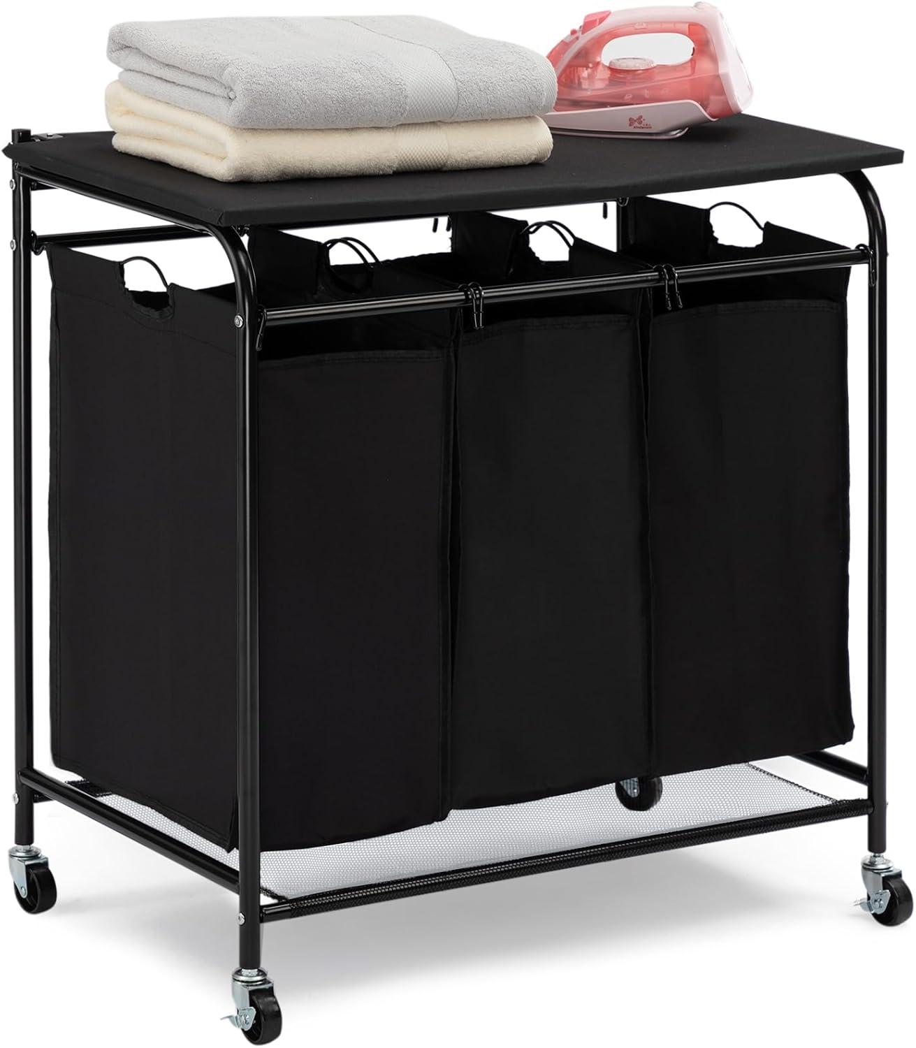 Black 3-Bag Laundry Sorter with Ironing Board and Wheels