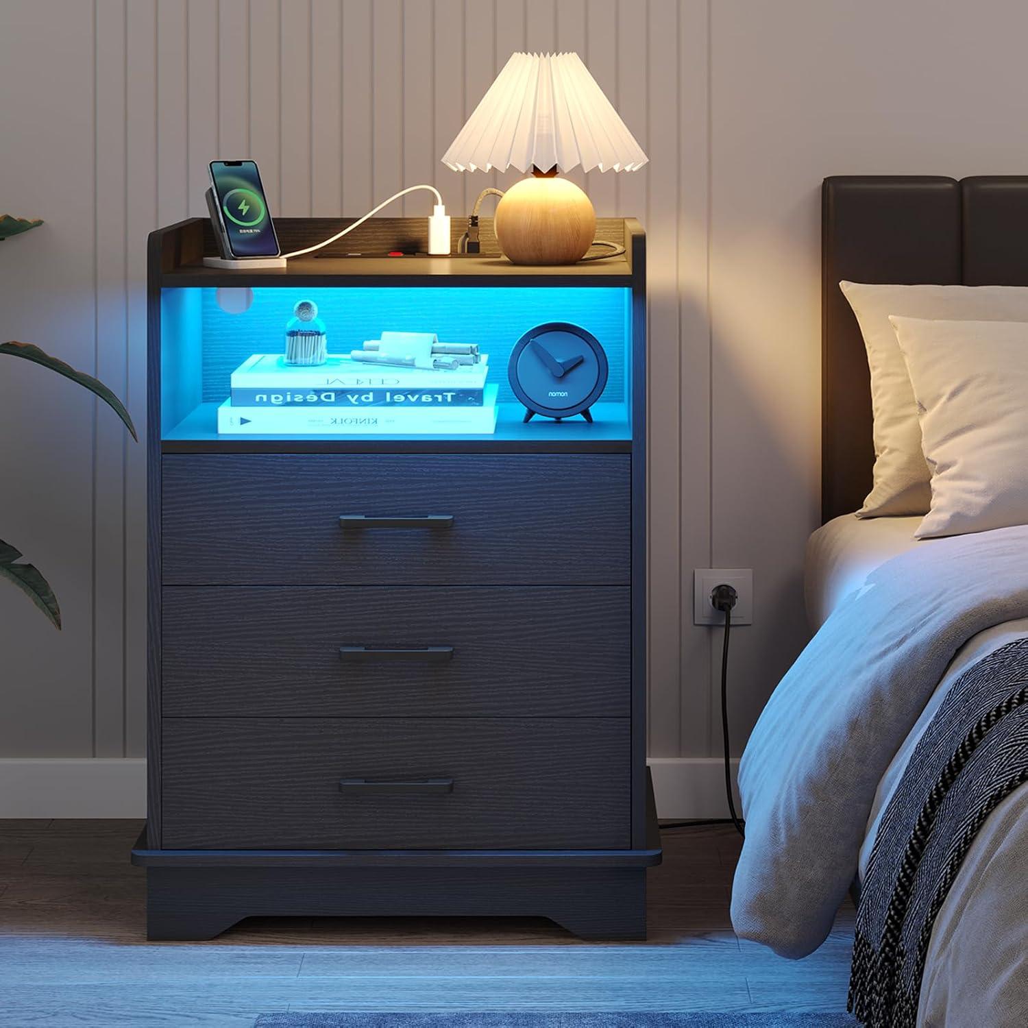 Afuhokles Black LED Nightstand with Charging Station, Night Stand 3 Drawers with Open Storage, Side Table with USB Ports and Outlets