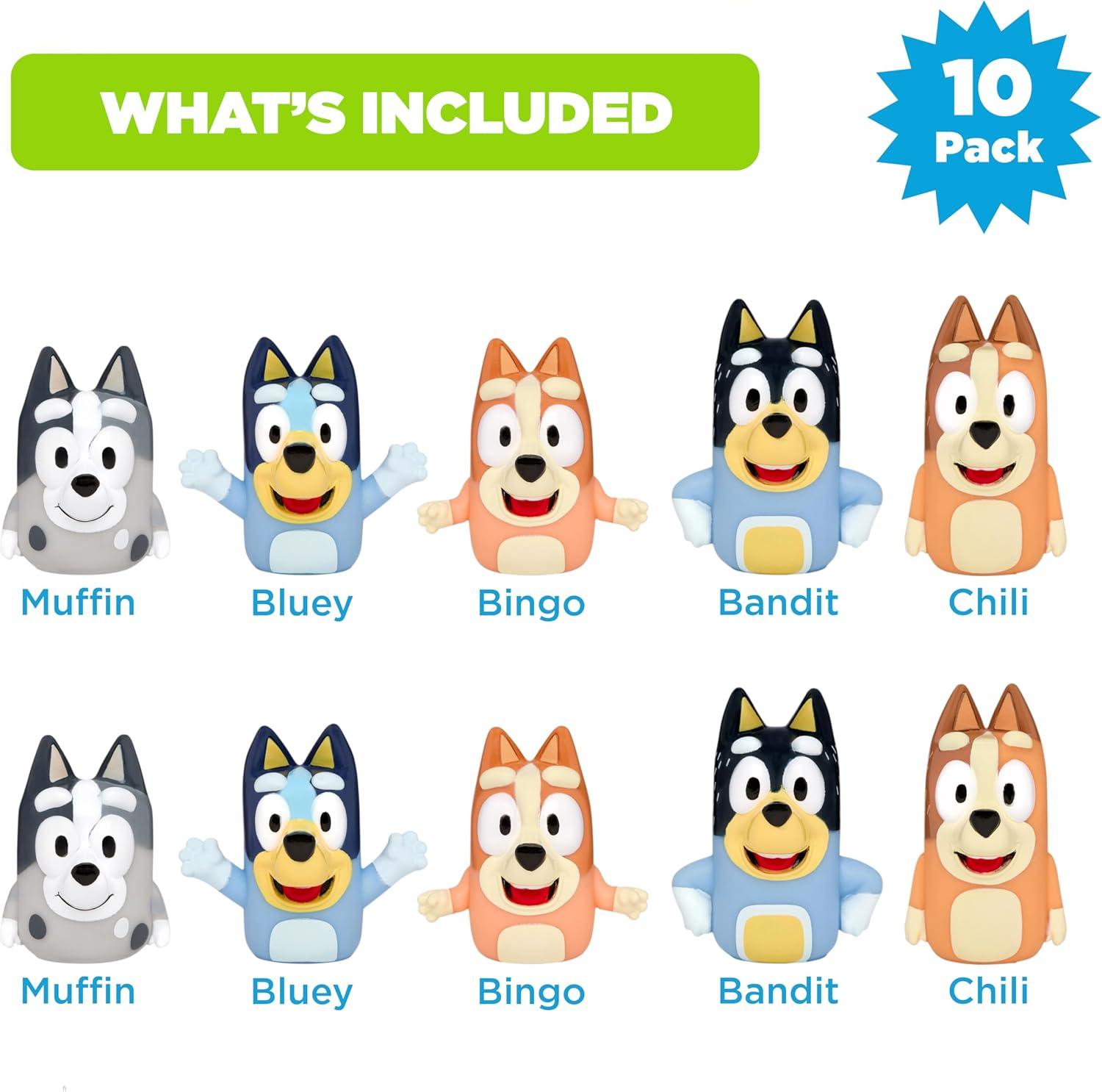 Bluey Bath Finger Puppets, 10 Pc - Party Favors, Educational, Bath Toys, Story Time, Beach Toys, Playtime, Stocking Stuffer