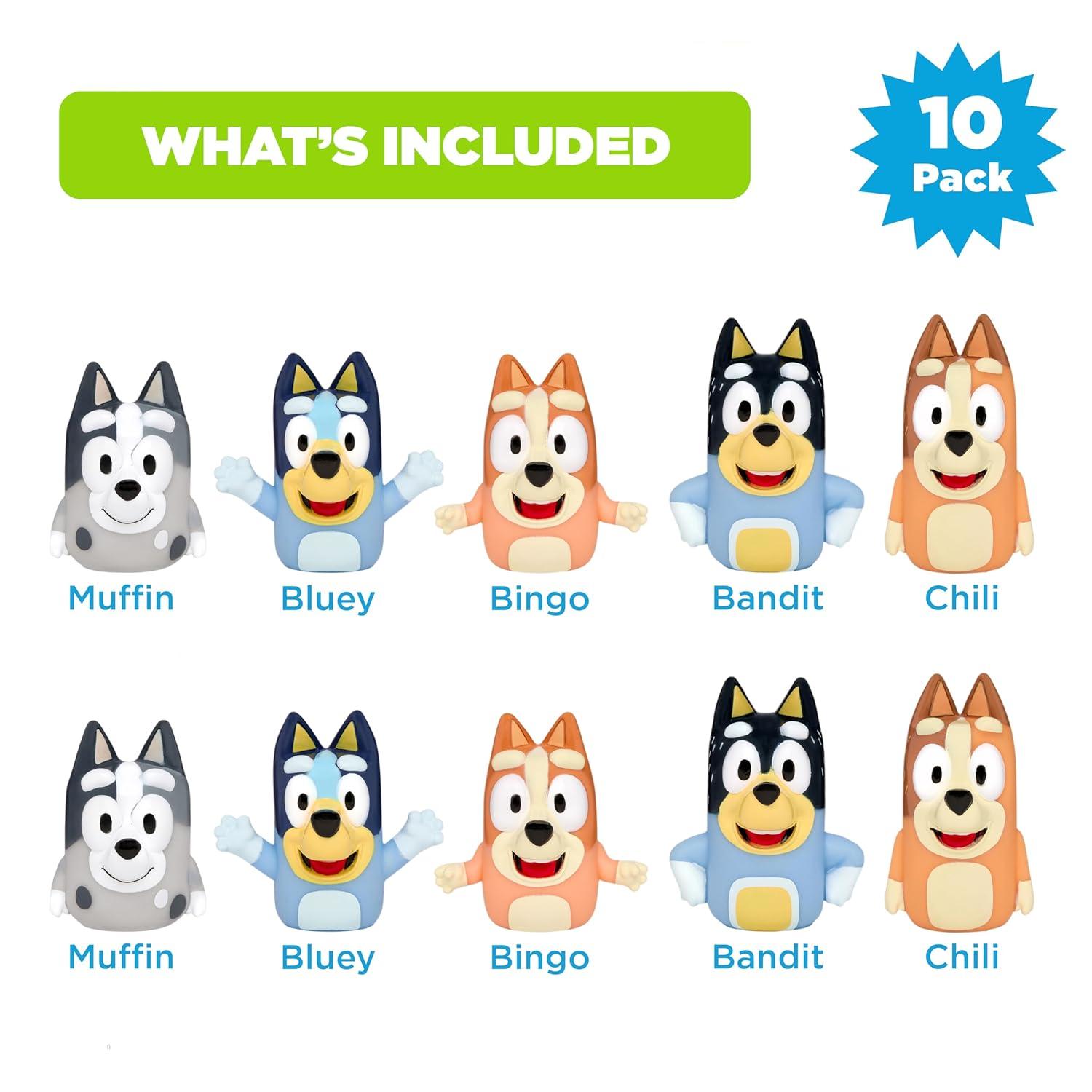 Bluey Bath Finger Puppets, 10 Pc - Party Favors, Educational, Bath Toys, Story Time, Beach Toys, Playtime, Stocking Stuffer