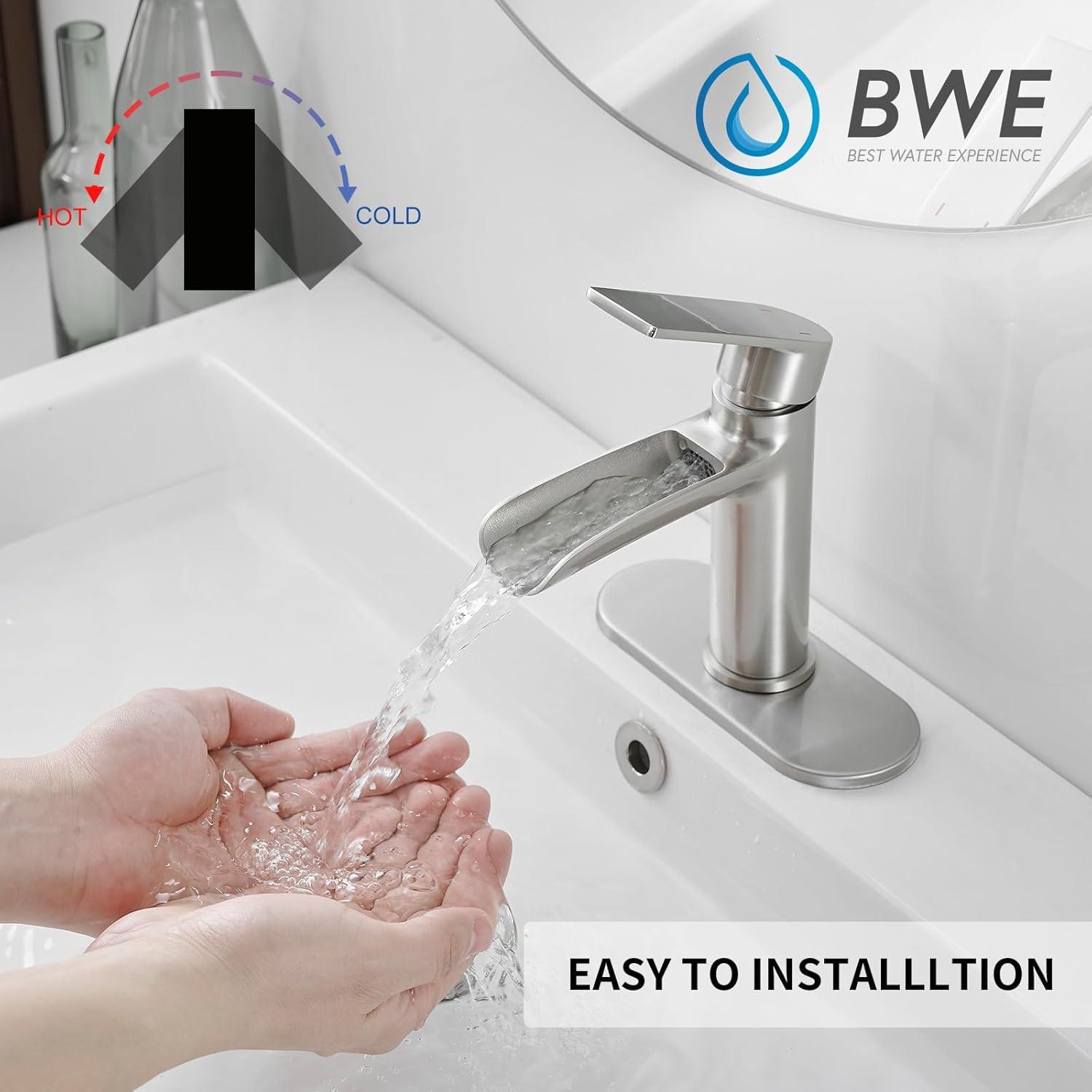 BWE Bathroom Faucets Waterfall Bathroom Faucet with Pop Up Drain for Bathroom Sink Single Hole Farmhouse RV Bathroom Basin Faucet Brushed Nickel