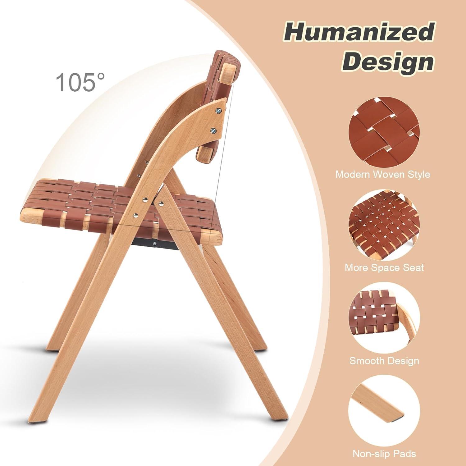 Folding Chairs Set of 2, Wooden Foldable Dining Chairs, Stackable Folding Extra Chair with Breathable Leather-Woven Design for Indoor & Outdoor, Brown