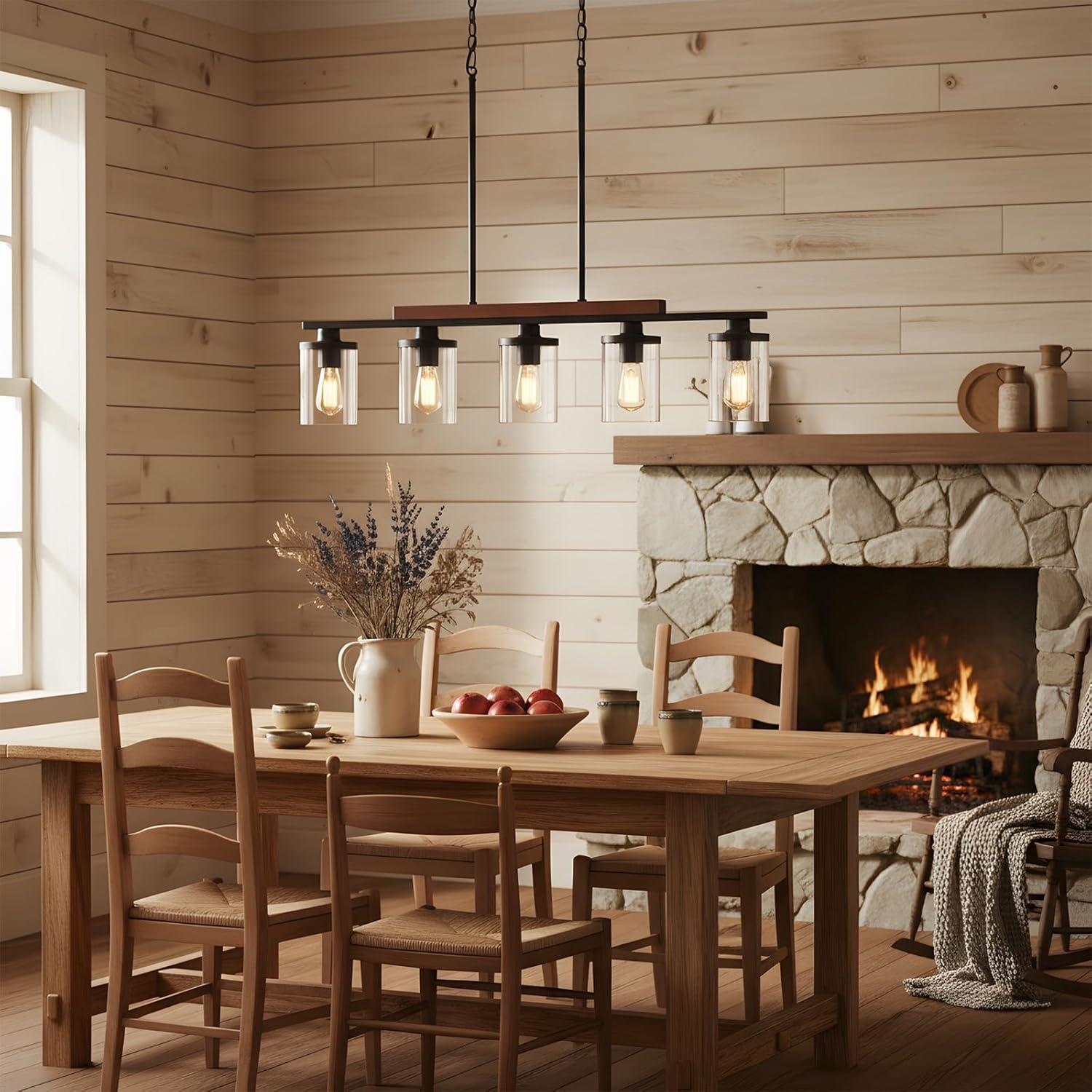 Black Farmhouse Chandelier, 5-Light Island Lights for Kitchen in Metal Finish with Clear Glass Shades, 37" Dining Room Chandelier, Linear Pendant Lighting for Foyer, Bar, Pool Table