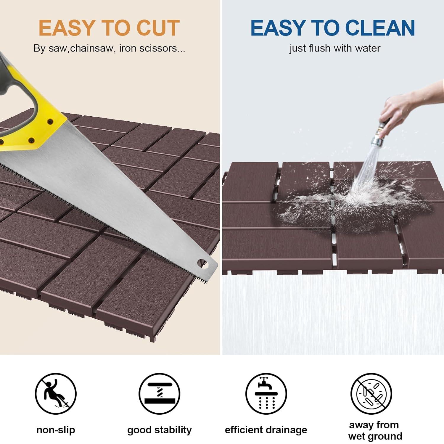 Goovilla Plastic Interlocking Deck Tiles, 27 Pack Outdoor Patio Flooring, 12"x12" Interlocking Decking Tile Outdoor All Weather Use, Waterproof Patio Pavers for Pool Balcony Backyard Porch, Dark Brown