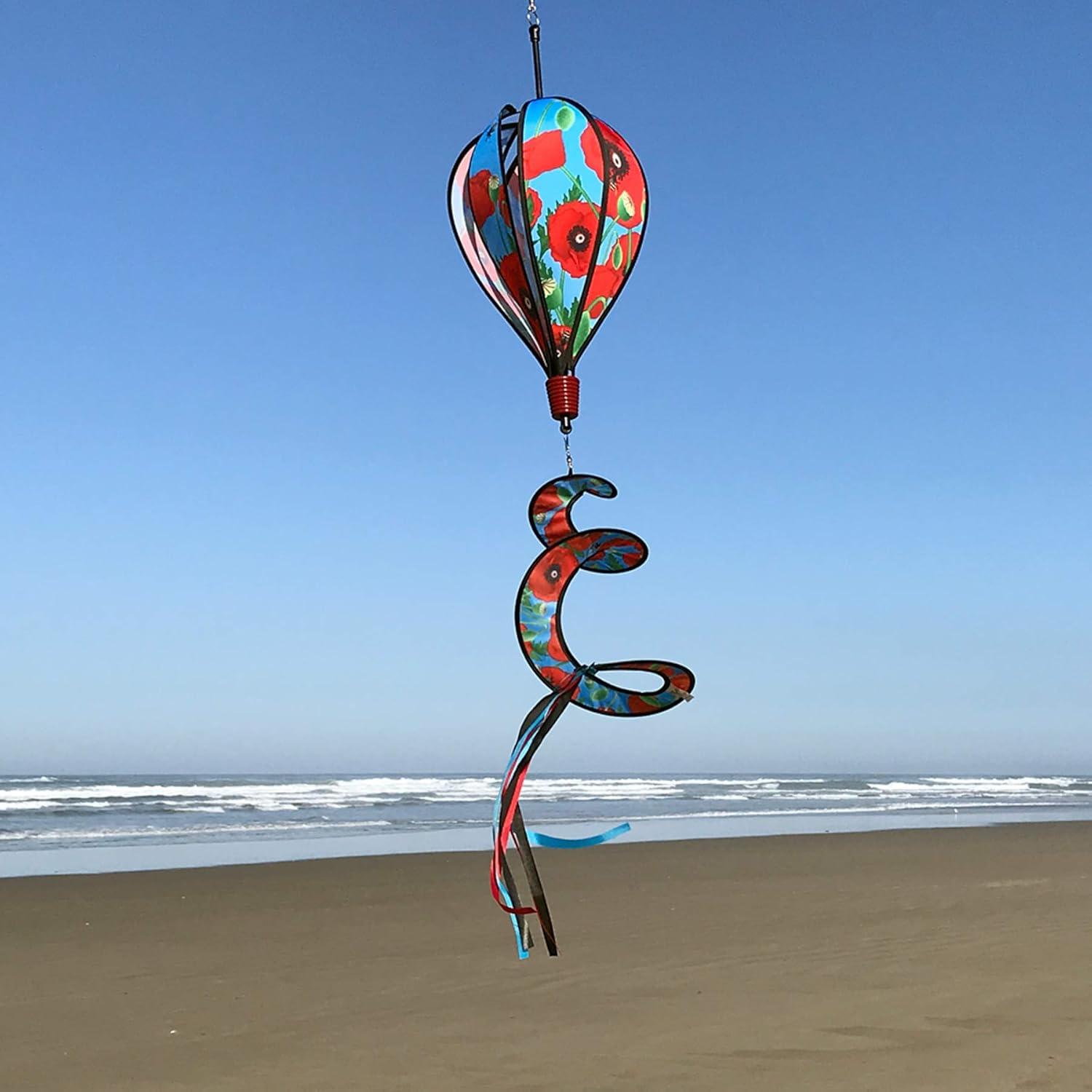 In the Breeze 0984 — Red Poppies Hot Air Balloon Spinner — Outdoor Hanging Wind Spinner Decoration