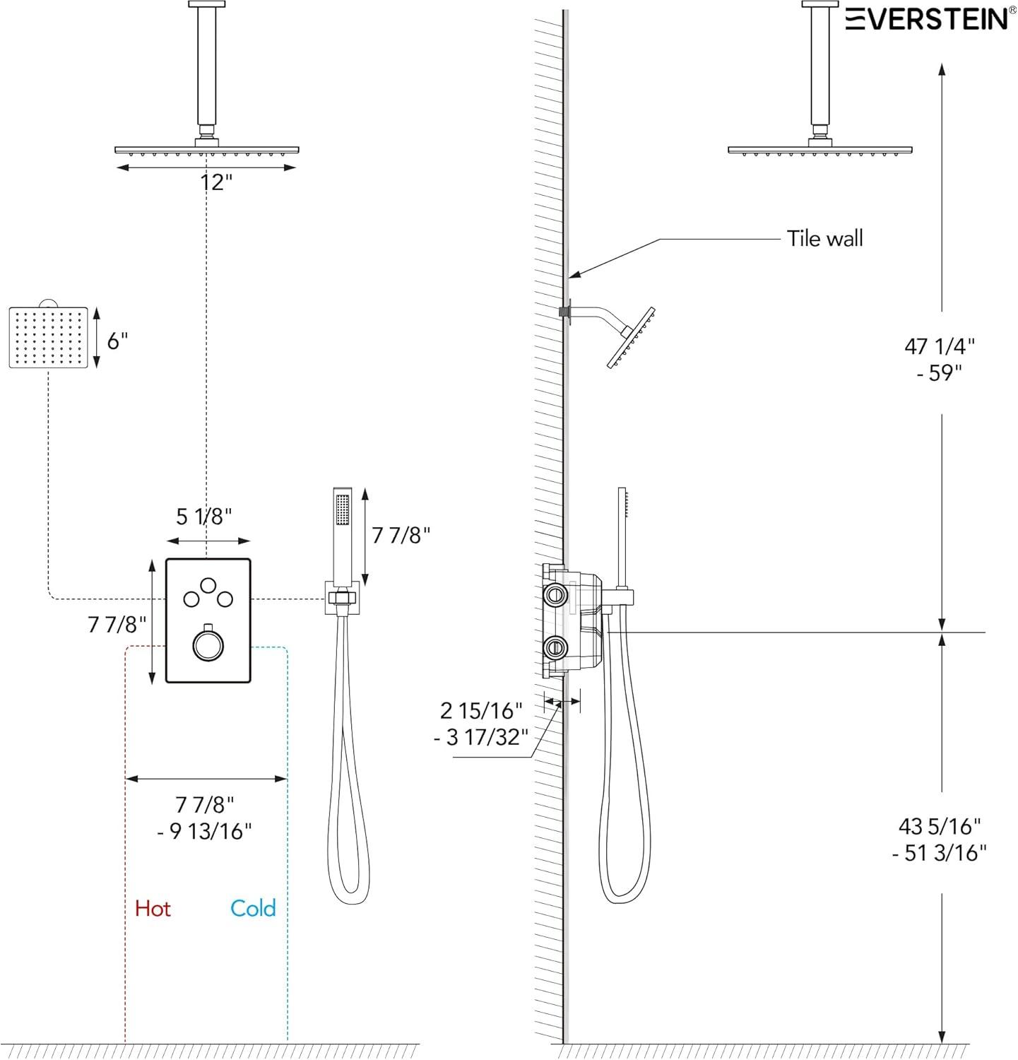 Thermostatic Shower Faucet 12" High-Pressure Dual Showerheads with Rough-In Valve