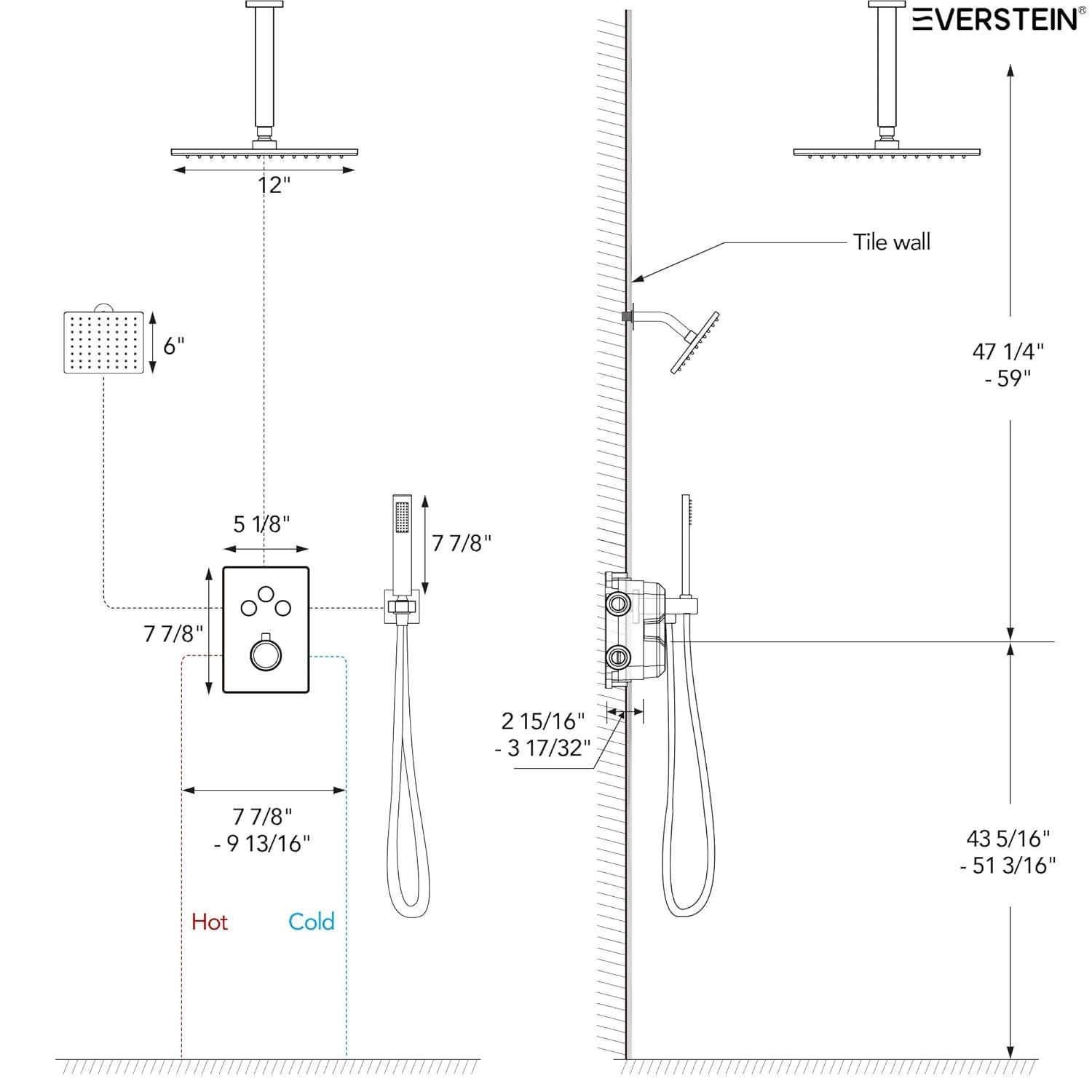 EVERSTEIN Thermostatic Rainfall Shower Faucet, 12-Inch High-Pressure Dual Showerheads System with Rough-In Valve SFS1007-NK12