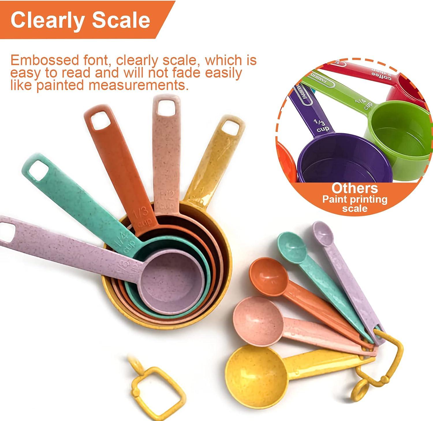 Colorful Plastic Measuring Cups and Spoons Set - 10 Pcs Kitchen Measuring Tools | Engraved Metric/US Measurements | Multiple Sizes for Cooking and Baking -|Colourful Measuring Spoons and Cups Set | 10