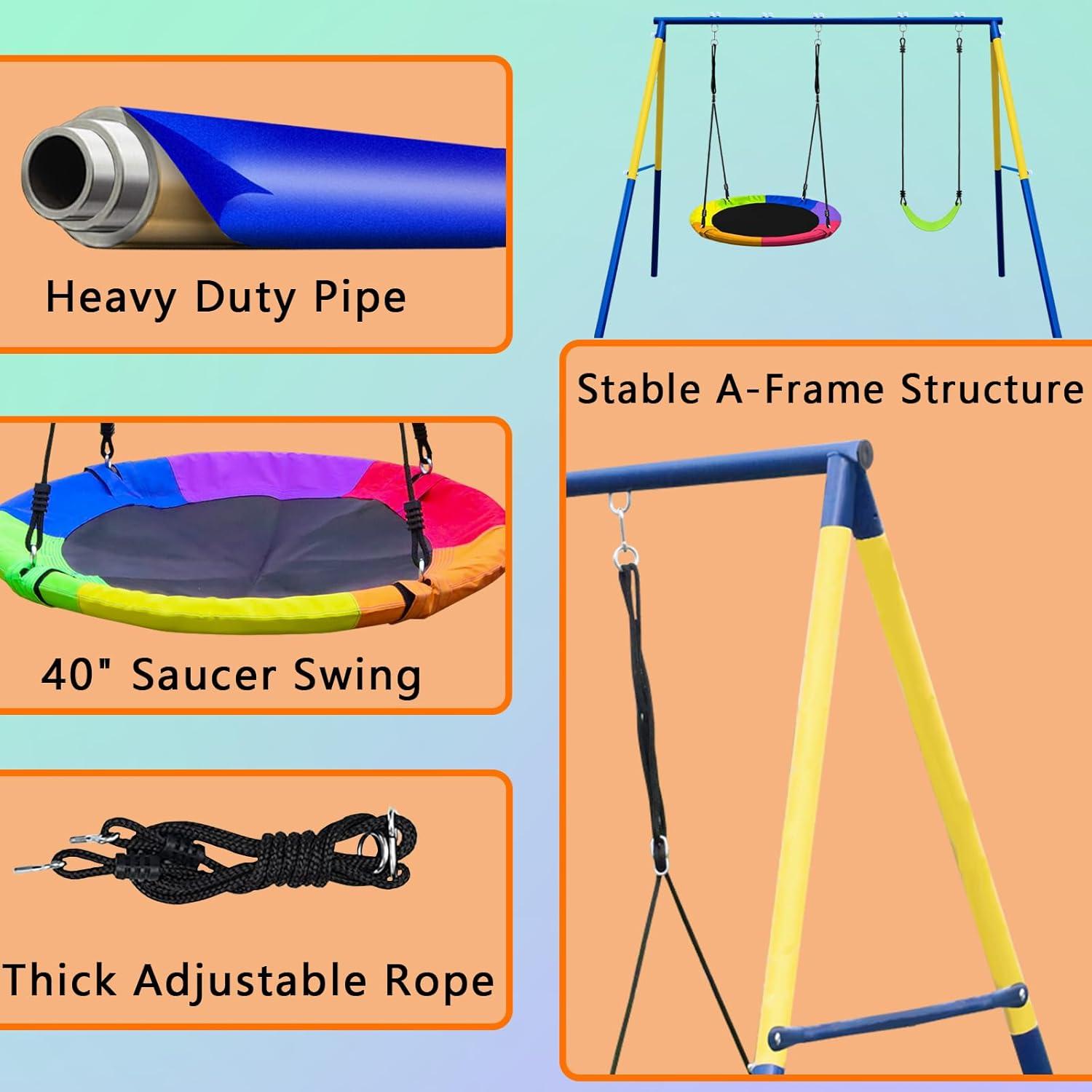 Metal Swing Sets for Backyard - 440 lbs Heavy Duty Swing Stand A-Frame Kids Outdoor Swing Adjustable Ropes Saucer Swing with Frame 2 Seats Playground Sets