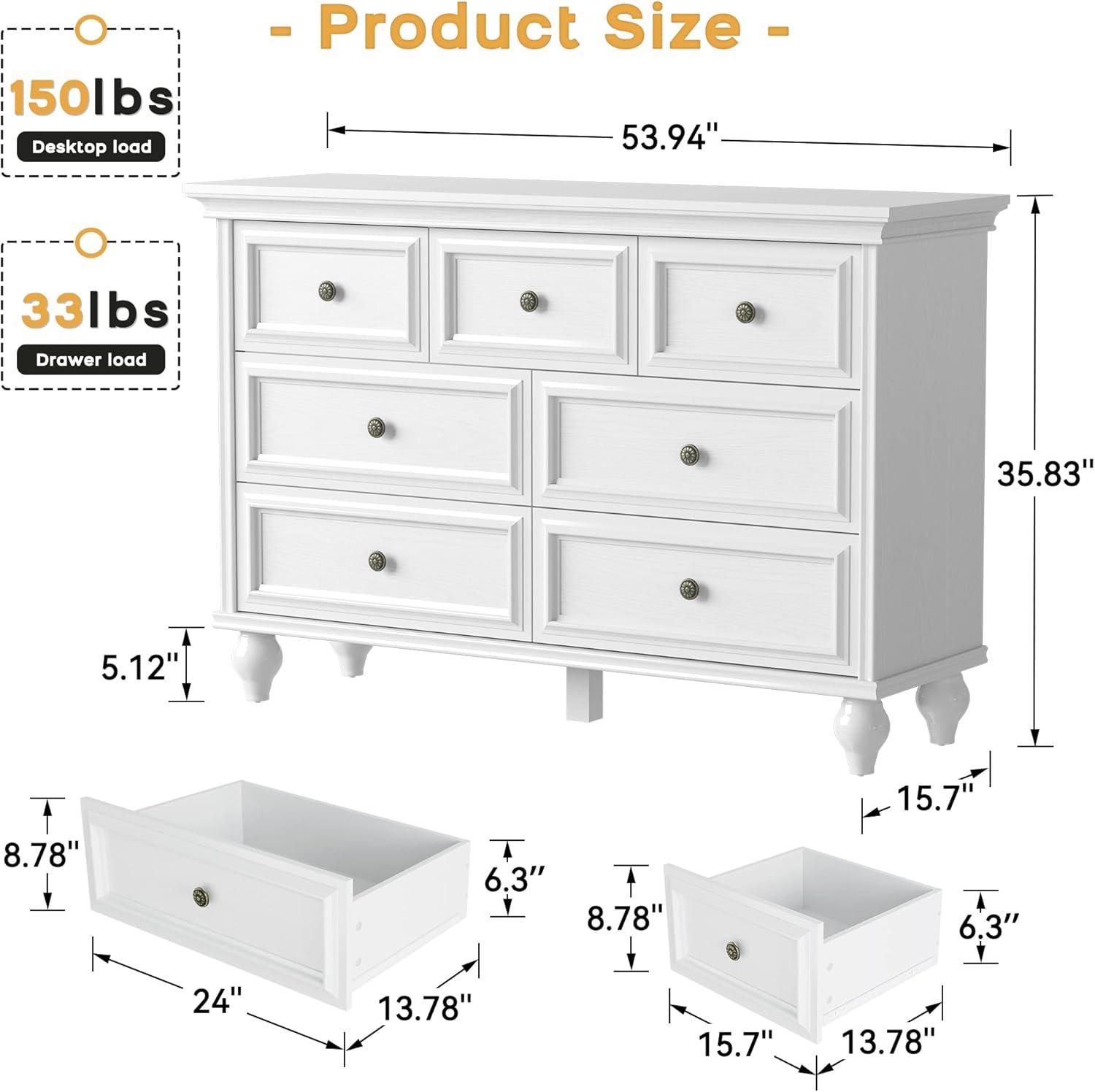 Yesfashion White Dresser, Modern Dresser for Bedroom, 7 Drawer Double Dresser with Wide Drawer and Metal Handles, Wood Dressers & Chests of Drawers for Hallway, Entryway