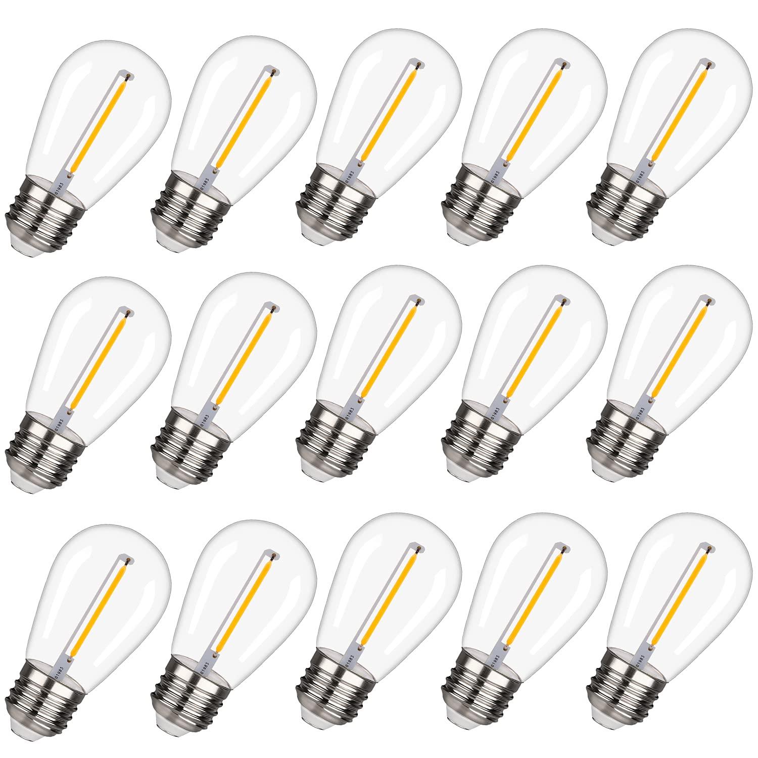 Svater Replacement Bulbs for Outdoor String Lights, 15 Pack S14 LED Bulbs for Patio, E26 Base 1W Bulb Equal to 11W Incandescent, Dimmable,Shatterproof 2700K Warm White