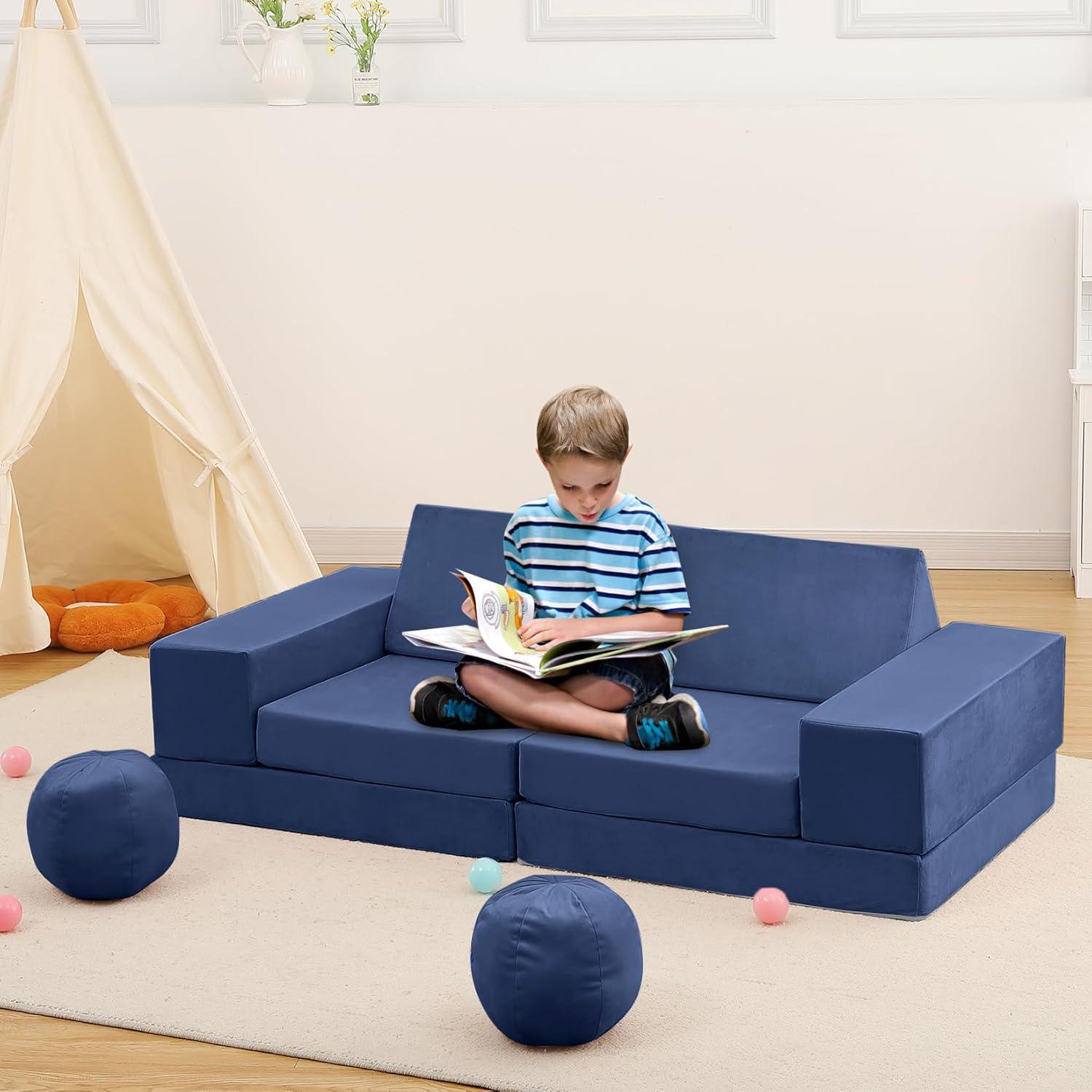 Navy Blue Modular Kids Play Couch with Washable Covers