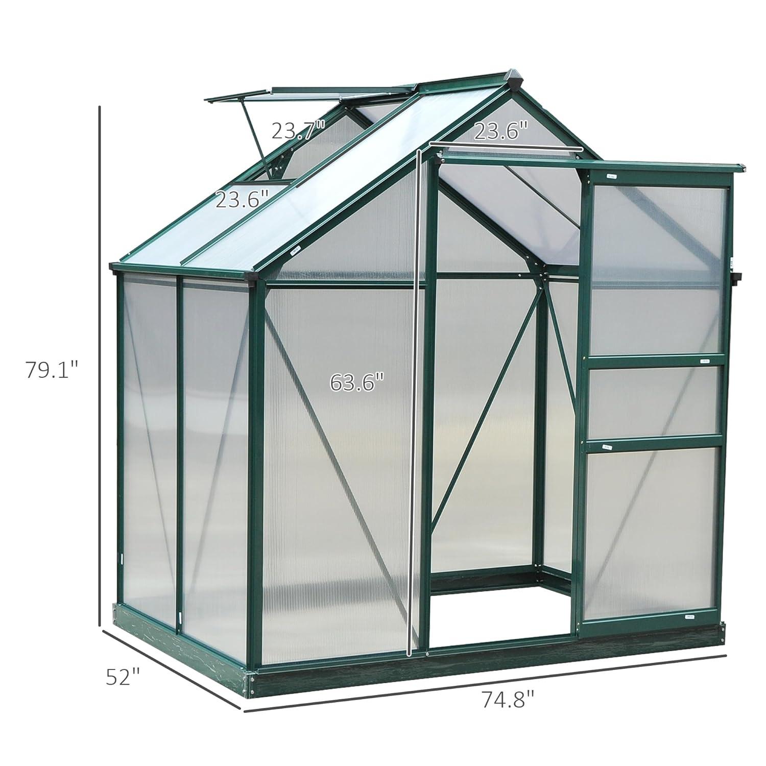 Outsunny 6' x 4' Greenhouse for Outdoors, Polycarbonate Greenhouse with Rain Gutter and Roof Vent, Aluminum Walk-in Green Houses for Outside for Patio Backyard Garden, Dark Green