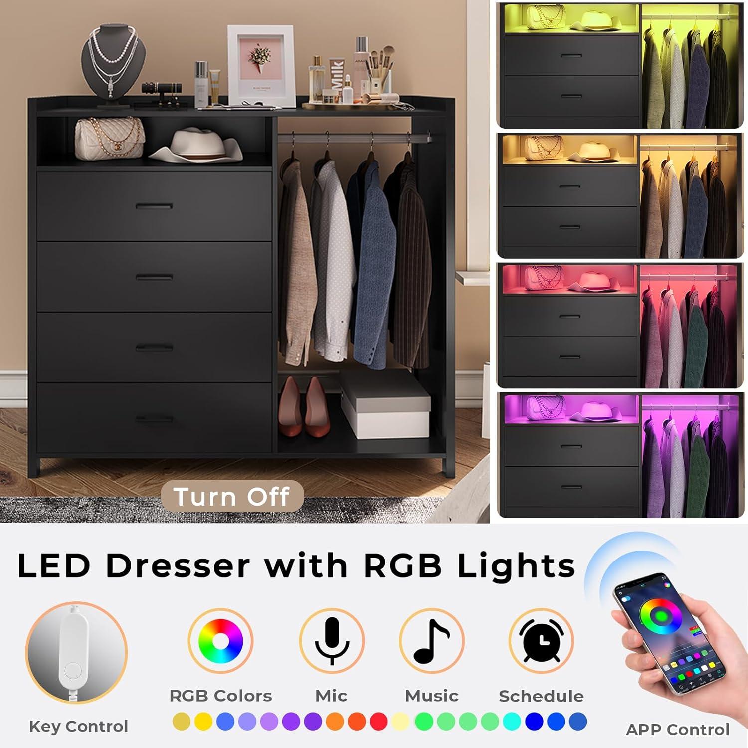 4 Drawer Dresser with Clothing Rack and LED Lights, Modern LED Dresser for Bedroom, Black