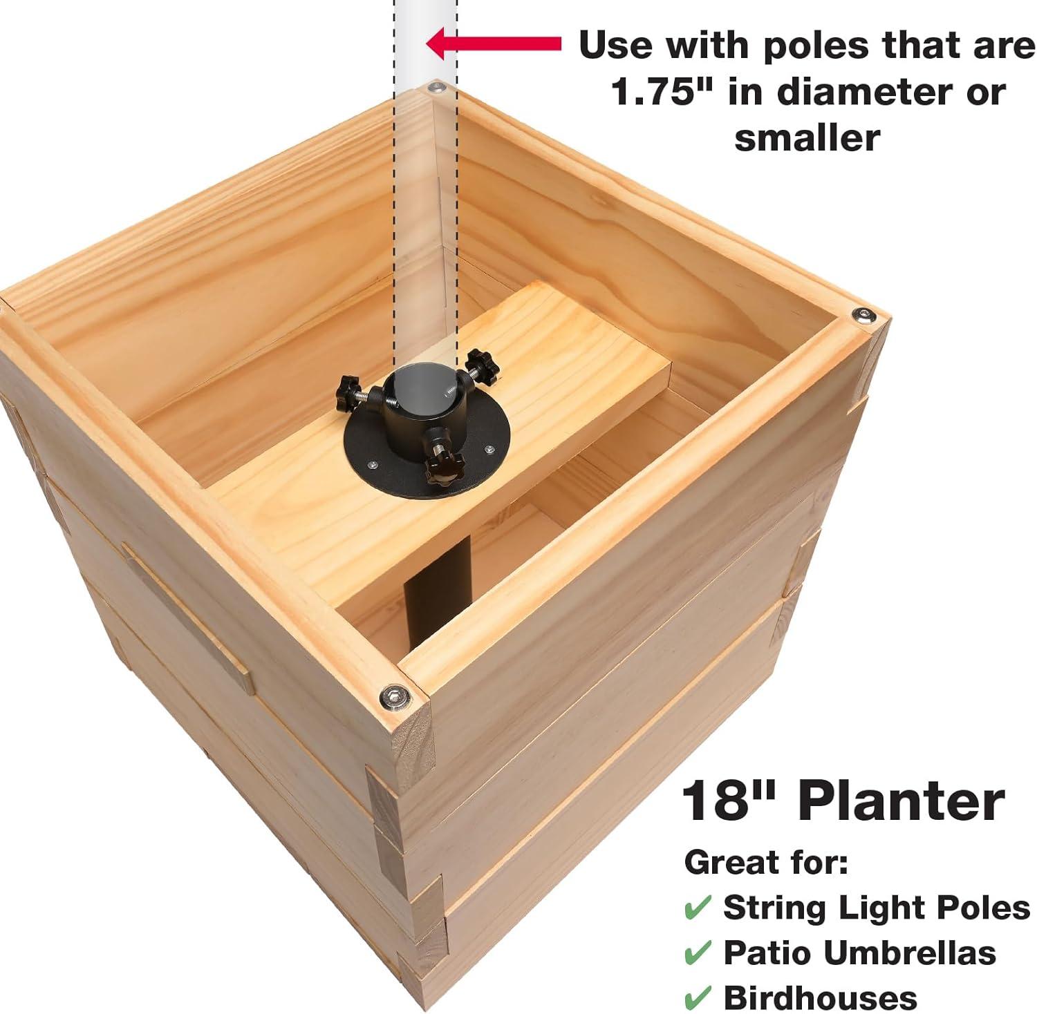 18" Square Natural Wood Outdoor Planter Box with Universal Pole Support