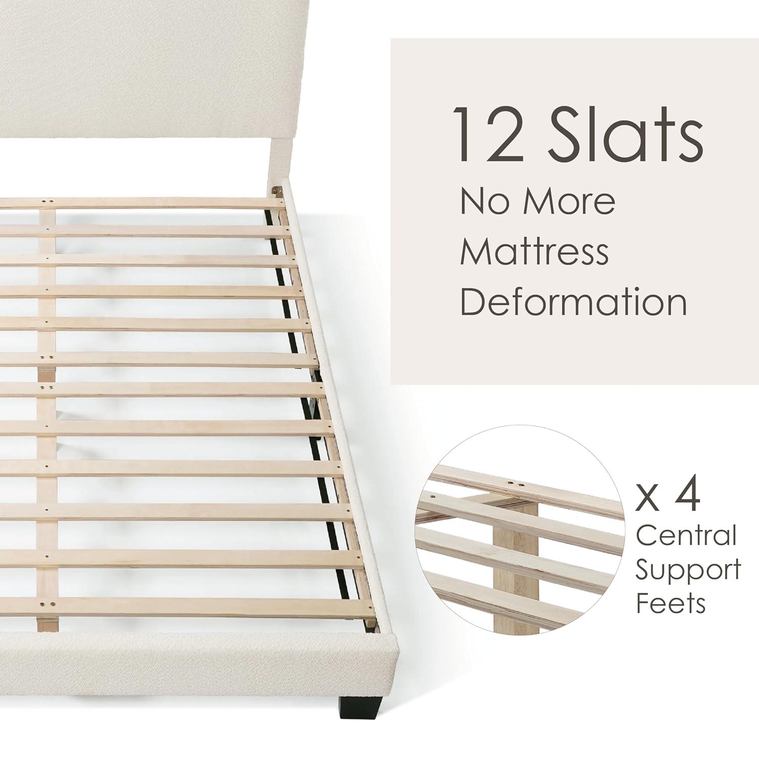 24/7 Shop At Home Queen Heartwild Modern Boucle Upholstered Nailhead Trim Platform Bed White: Polyester, Wood Frame, No Box Spring Needed