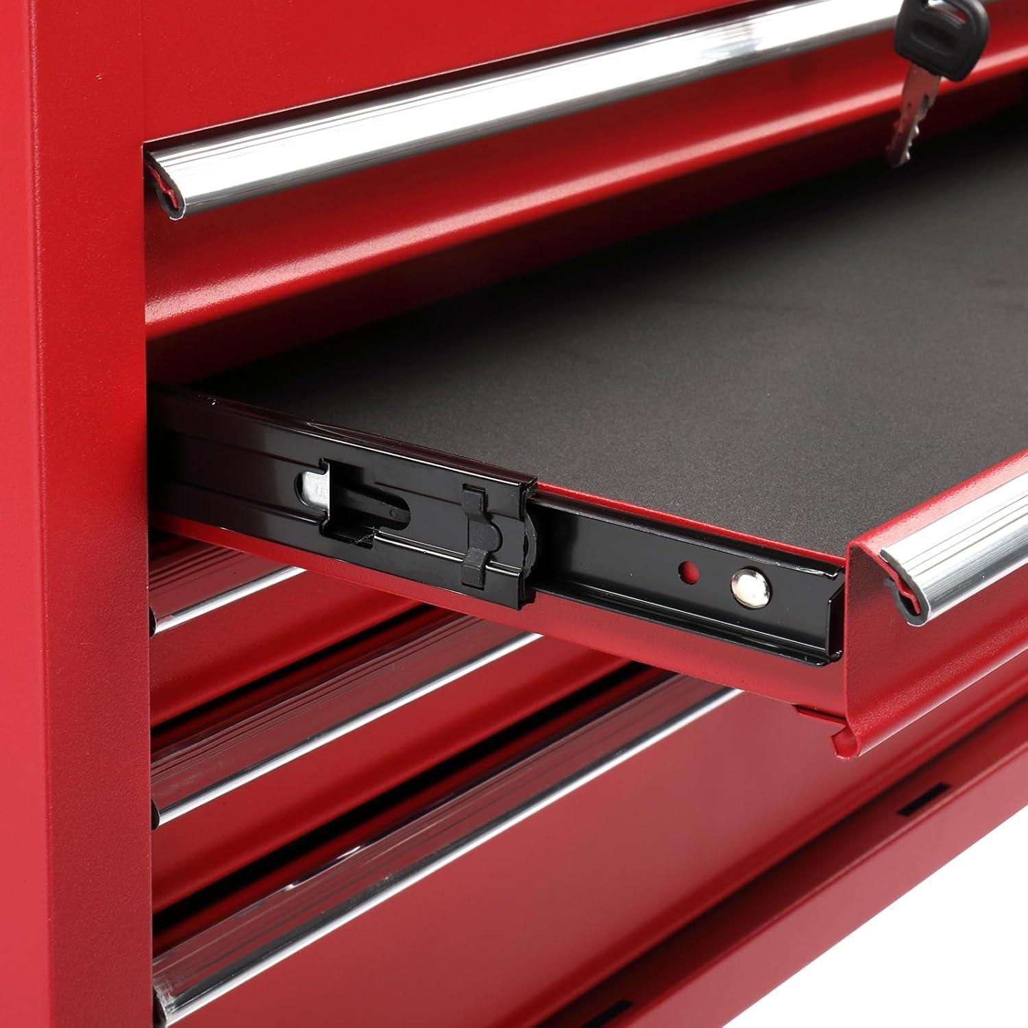 INDSUMOT 24" Portable Tool Box, 5 Drawers & Top Storage Tray Tool Box with Drawers, Lockable Metal Tool Chest Cabinet for Garage, Warehouse, Repair Shop & Home, Red