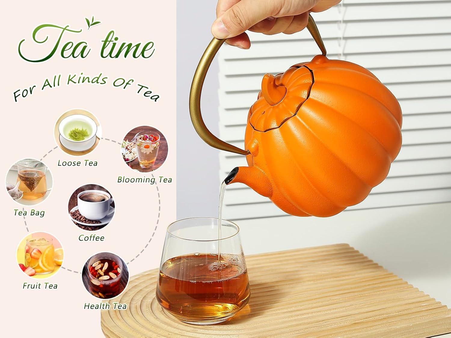 Ophelia & Co. Orange Pumpkin Cast Iron Teapot, Natural Pumpkin Color, Japanese Cast Iron Tea Kettle Stovetop Safe With Infuser, Creative Pumpkin Halloween Teapot(40Oz/1200Ml, Orange)