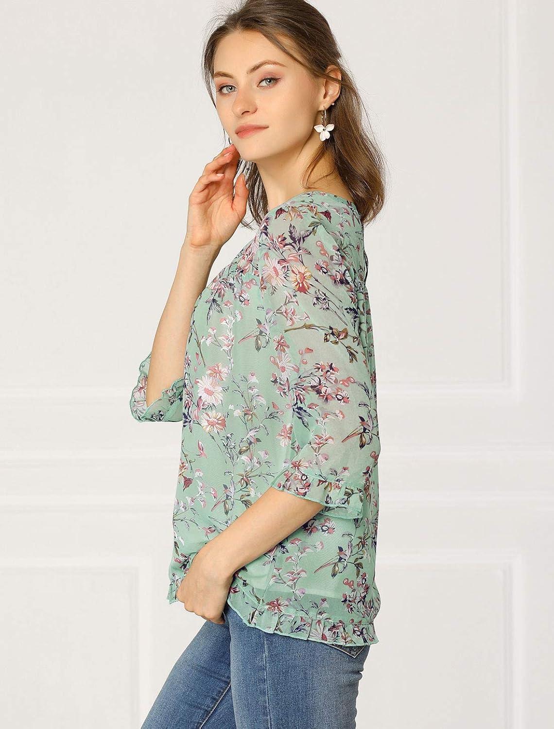 INSPIRE CHIC Women's 3/4 Sleeves Floral Chiffon Ruffle Hem Summer Shirt Blouses Tops XS Green