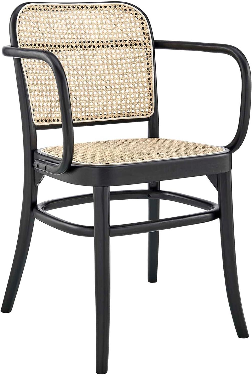 Modway Winona Elm Wood Dining Chair with Cane Rattan Seat in Black 21 x 22.5 x 32