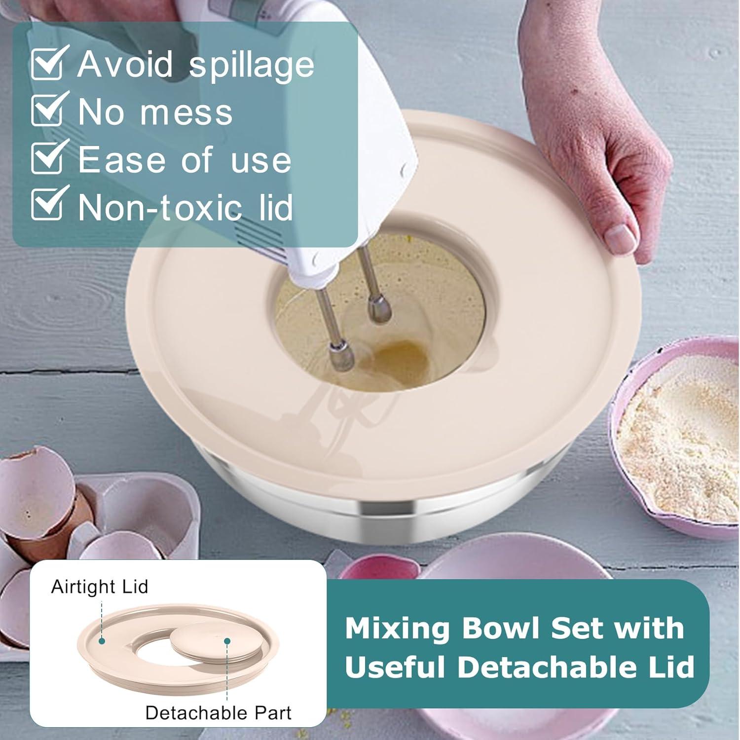 Toledo Bath & Kitchen Stainless Steel Mixing Bowls With Lids, 5-Pack Metal Nesting Bowls With Airtight Covers For Cooking, Baking, Serving, Storage, Non-Toxic & Dishwasher Safe, Size 4.6/3/1.5/1/0.7QT - Khaki