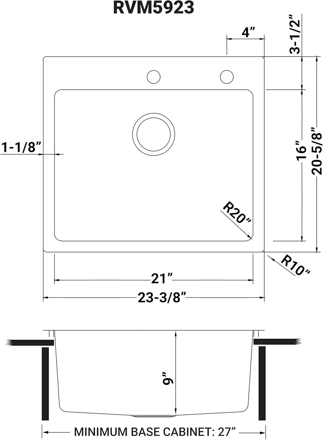 Ruvati 23 x 20 inch Drop-in Topmount Kitchen Sink 16 Gauge Stainless Steel Single Bowl