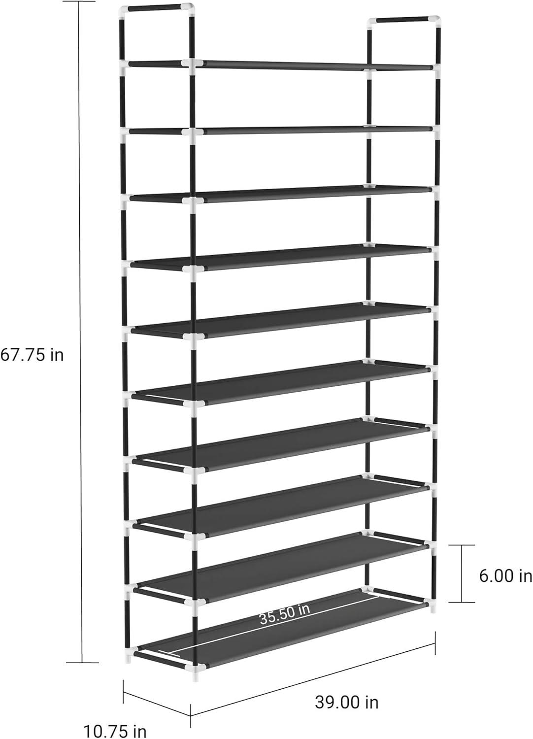 Black 10-Tier Metal and Fabric Shoe Rack