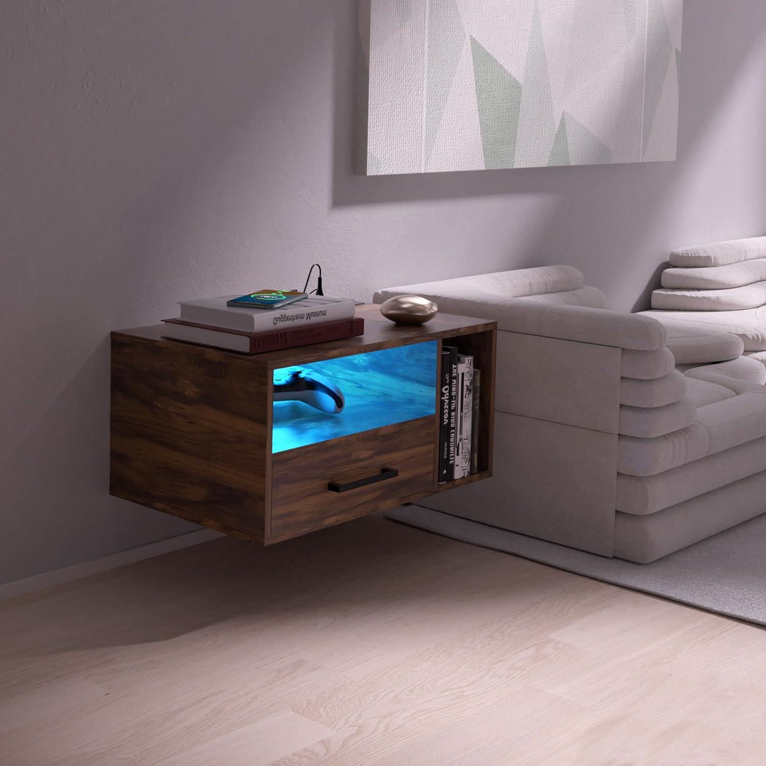Floating Nightstand with Charging Station and LED Light Strips, 21.3" Night Stand with Drawers, Floating Bedside with USB Ports and Outlets, Bedroom Furniture