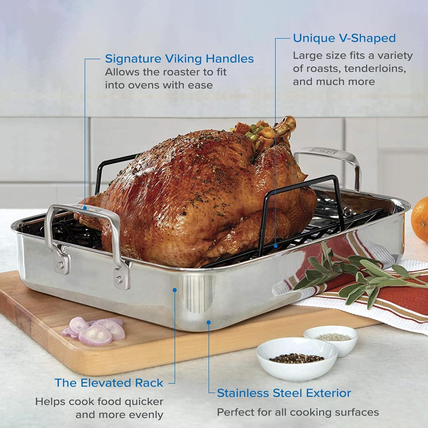 Viking 3 Ply Stainless Steel Roasting Pan with Rack and Thermometer Set