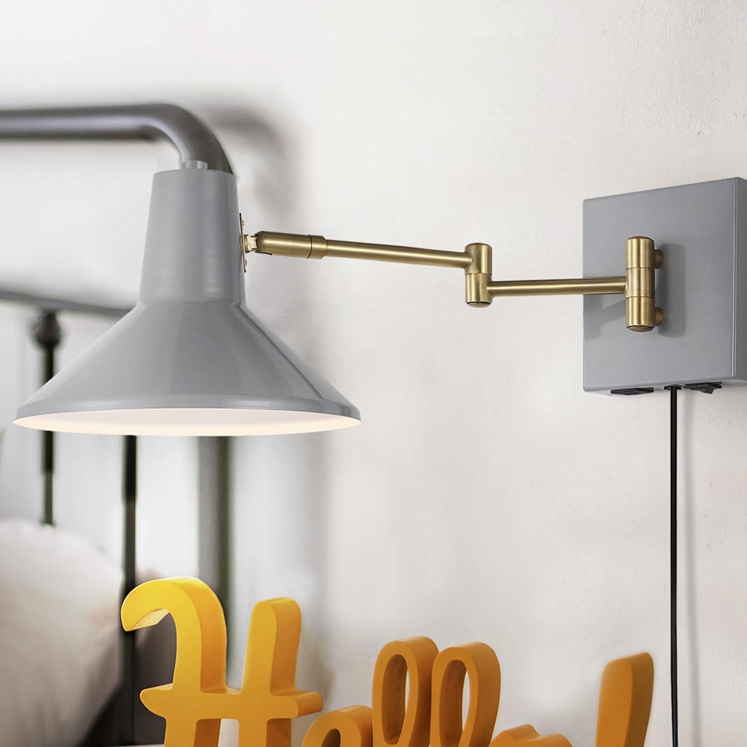 Hygge 16" Swing Arm 1-Light Modern Midcentury Iron USB Charging Port LED Sconce, Grey/Brass Gold