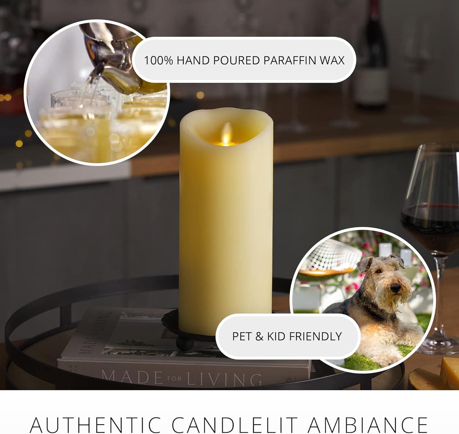 Luminara Realistic Artifical Flame Classic Pillar LED Candle - Moving Flame LED Battery Operated Lights - Unscented - Remote Ready - Ivory - 4" x 9"