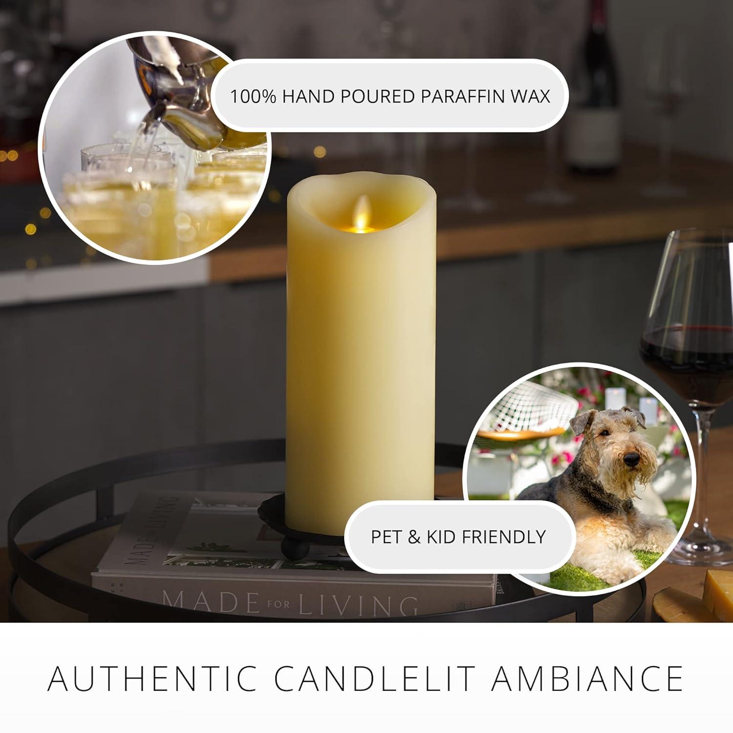 Luminara Realistic Artifical Flame Classic Pillar LED Candle - Moving Flame LED Battery Operated Lights - Unscented - Remote Ready - Ivory - 4" x 9"