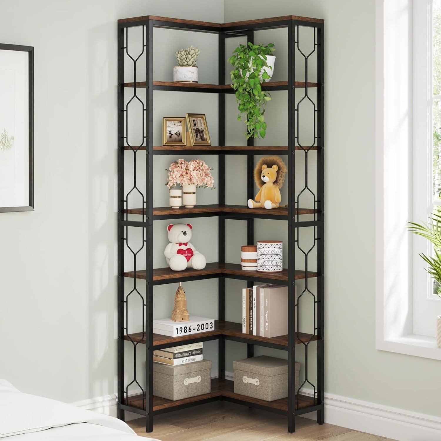 Hommoo 7-Tier Industrial Corner Bookshelf Rustic Brown