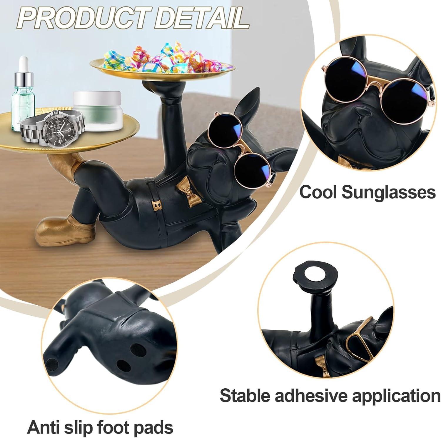 Resin Bulldog Tray Statue, Lying Bulldog Candy Dish Key Holder Bowl, Bulldog Accessories, Statues for Office Desk Home Decor Figurines Entryway Table Decor (Black)