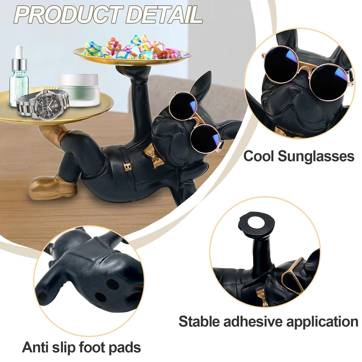 Resin Bulldog Tray Statue, Lying Bulldog Candy Dish Key Holder Bowl, Bulldog Accessories, Statues for Office Desk Home Decor Figurines Entryway Table Decor (Black)