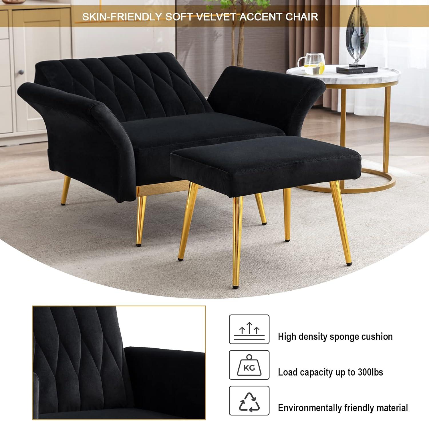 Black Velvet Accent Chair with Ottoman and Gold Metal Legs