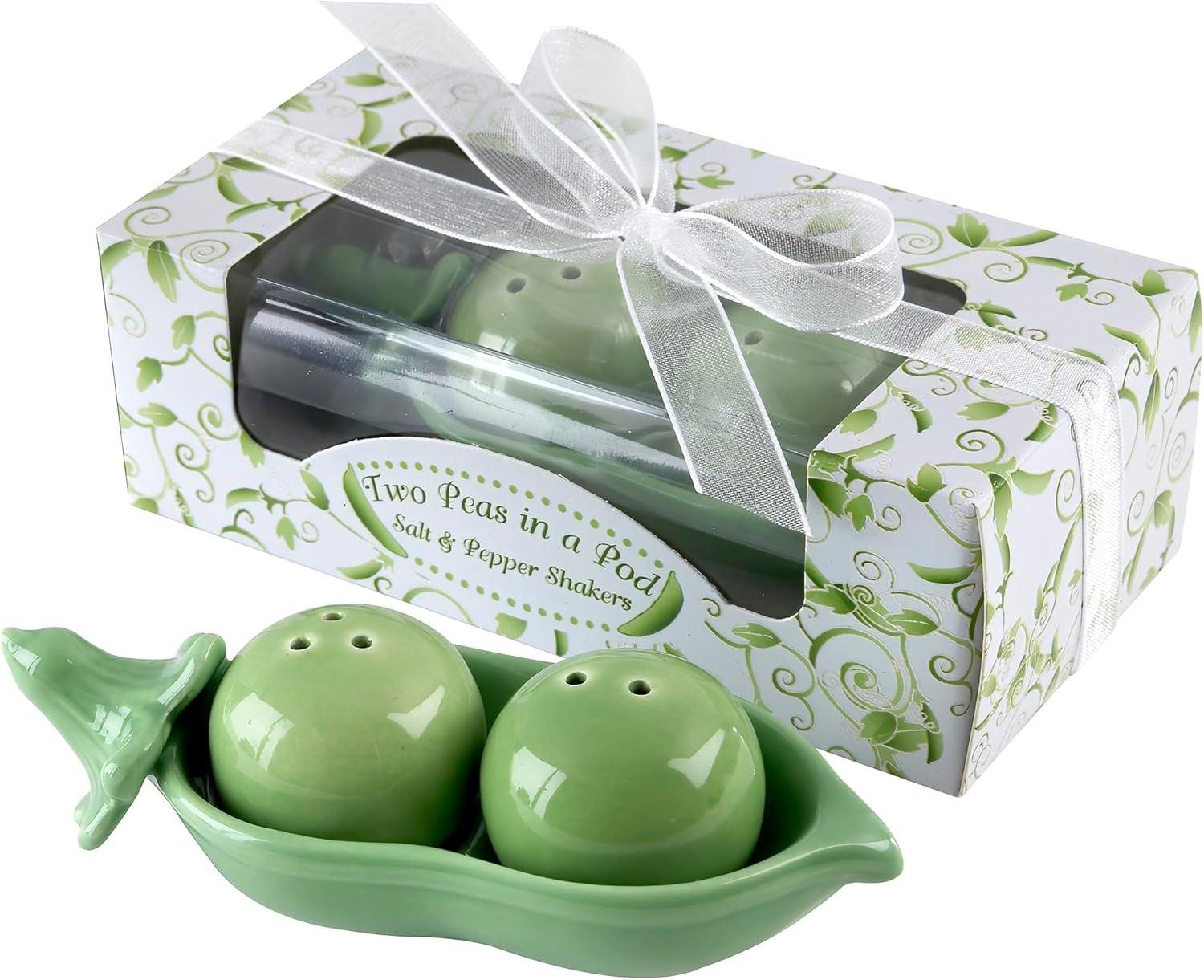 Two Peas in A Pod Ceramic Salt and Pepper Shakers in Ivy Print Gift Box Wedding favors