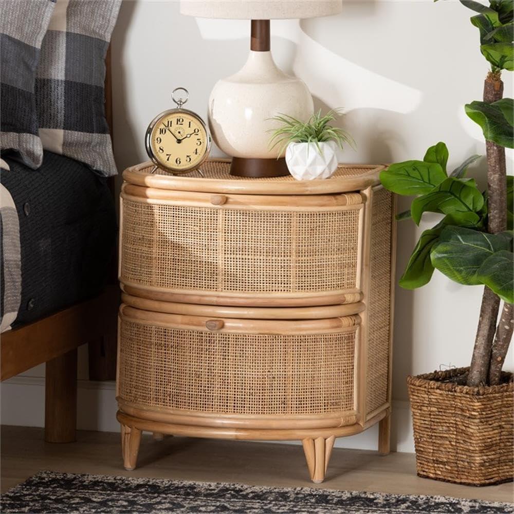 Natural Brown Rattan 2-Drawer Curved Nightstand