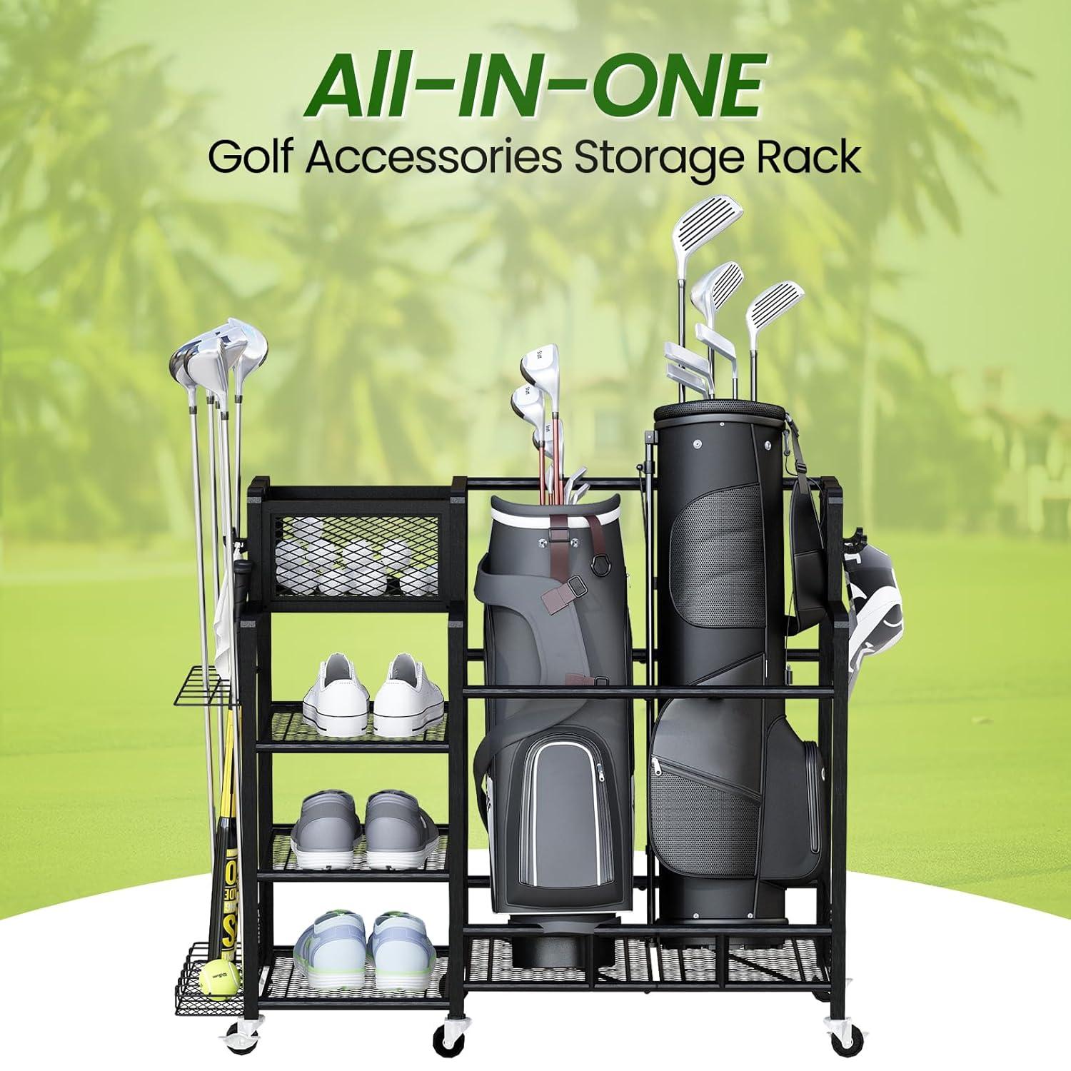 Recaceik Golf Storage Garage Organizer Large Size,Golf Bag Storage Stand and Other Golfing Accessories Rack, Metal with Wheels Golf Club Storage for Garage Shed and Basement (Black)
