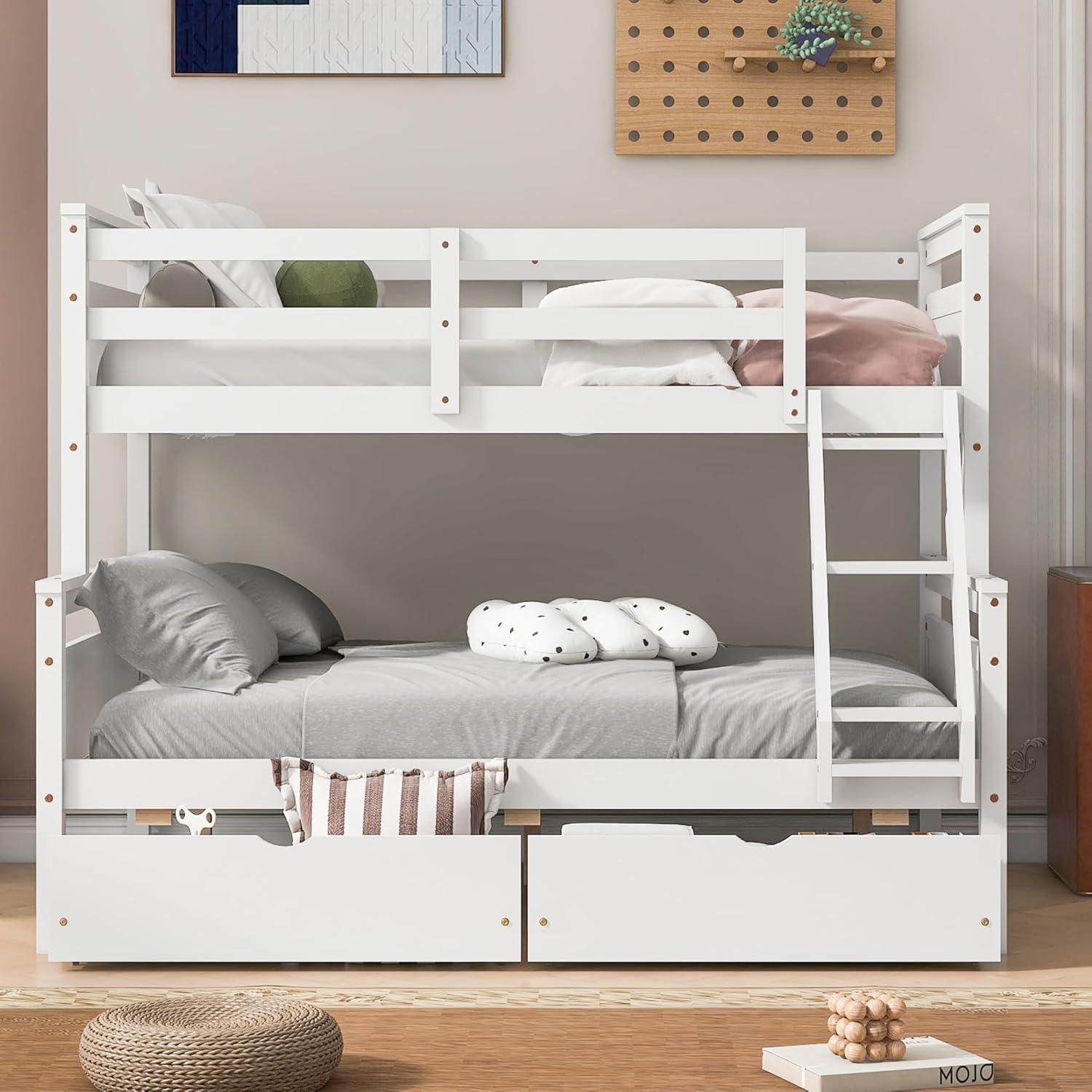 Merax Twin Over Full Bunk Bed with 2 Storage Drawers,Solid Wood Bunk Bed with Ladder and Safety Guardrail for Bedroom Kids Adults, Can be Separated into 2 Beds,White