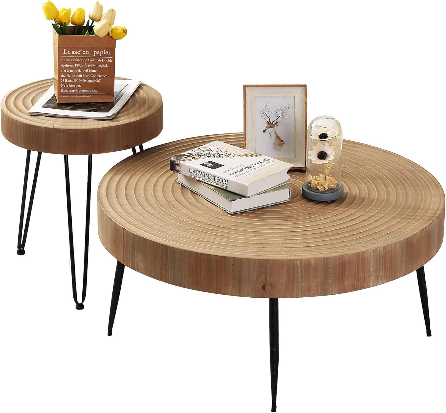 Round Natural Wood Farmhouse Nesting Coffee Table Set