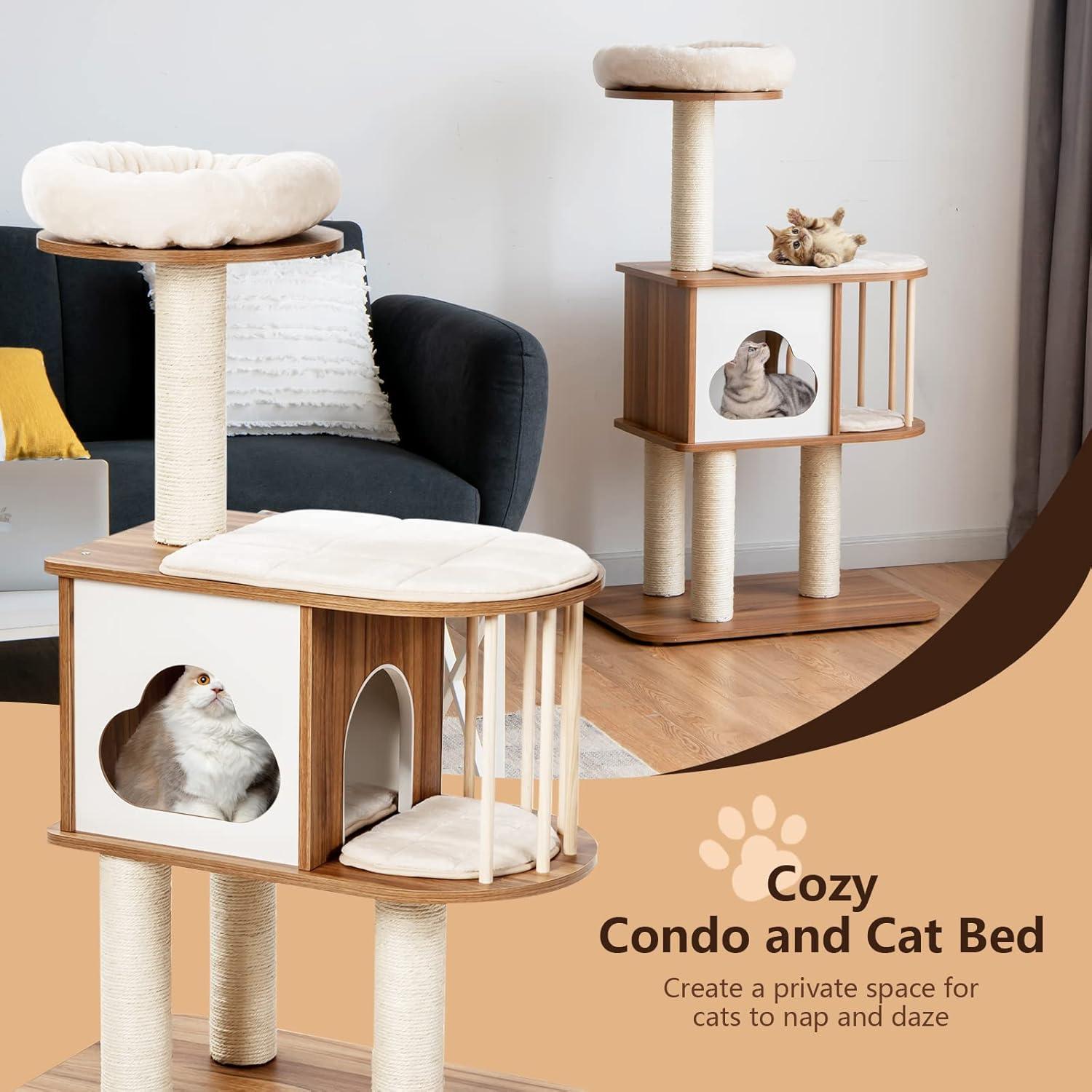 Gymax 46'' Kittens & Cats Modern Wooden Cat Tree with Platform & Washable Cushions