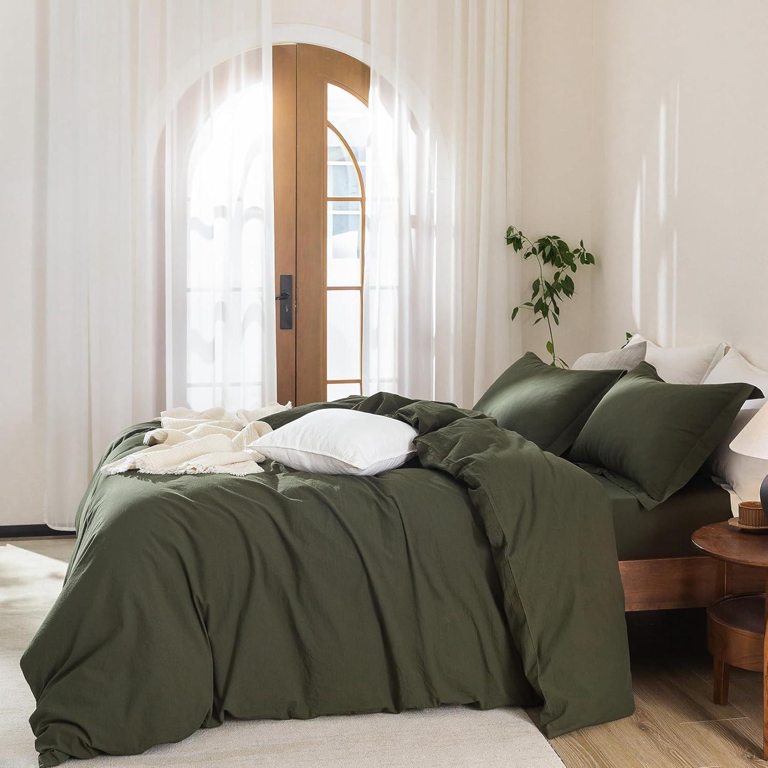 Olive Green Duvet Cover Queen Size, 100% Washed Cotton Bedding Set Cover 1 Duvet Cover 90inch x 90inch with Zipper Closure and 2 Pillowcases, Olive Green