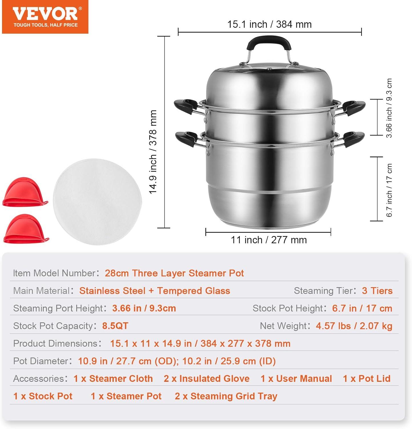 Stellweilan Tessberg Steamer Pot 11in/28cm, 3 Tier Steamer Pot for Cooking with 8.5QT Stock Pot, Vegetable Steamer & 2 Steaming Tray, Food-Grade 304 Stainless Steel Food Steamer Cookware for Gas Electric Stove Grill