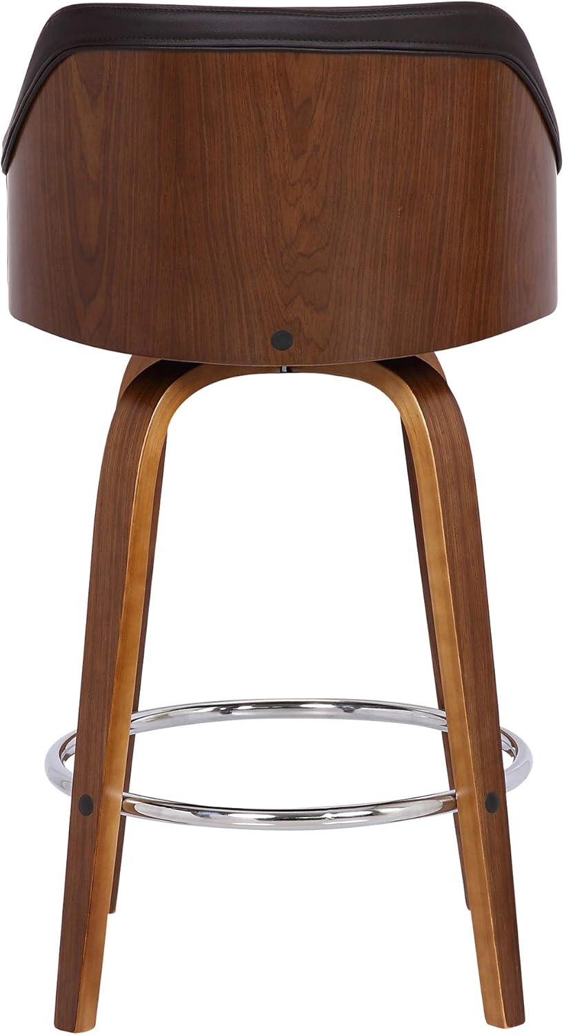 Alec 30" Walnut Wood and Brown Faux Leather Swivel Bar Stool