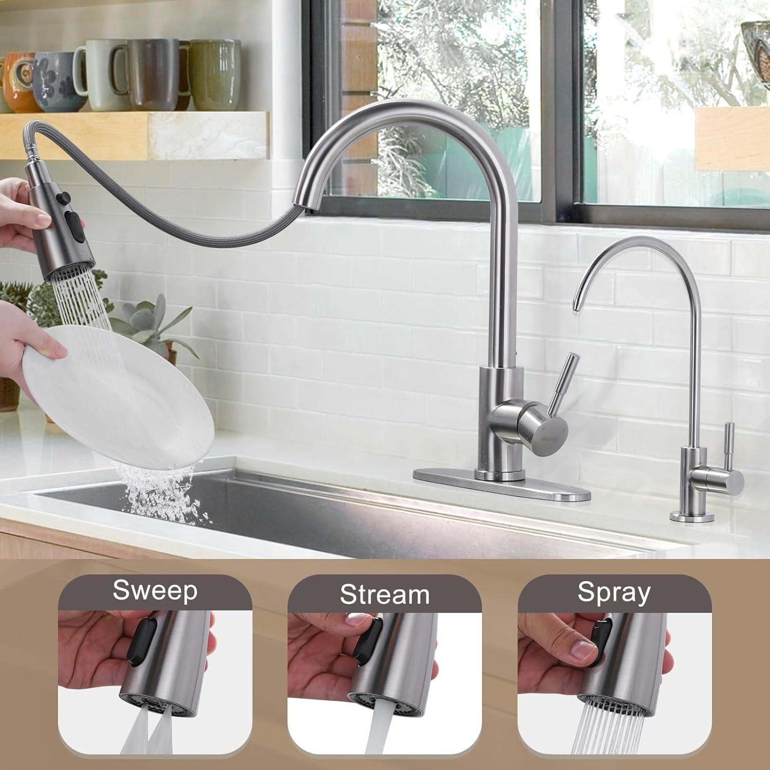 FashionSecretsLLC Kitchen Faucet and Water Filter Faucet Combo, WOWOW Stainless Steel Kitchen Sink Faucet with Drinking Water Faucet for Reverse Osmosis or Water Filtration System, Brushed Gold Sinkfaucet-BG-025