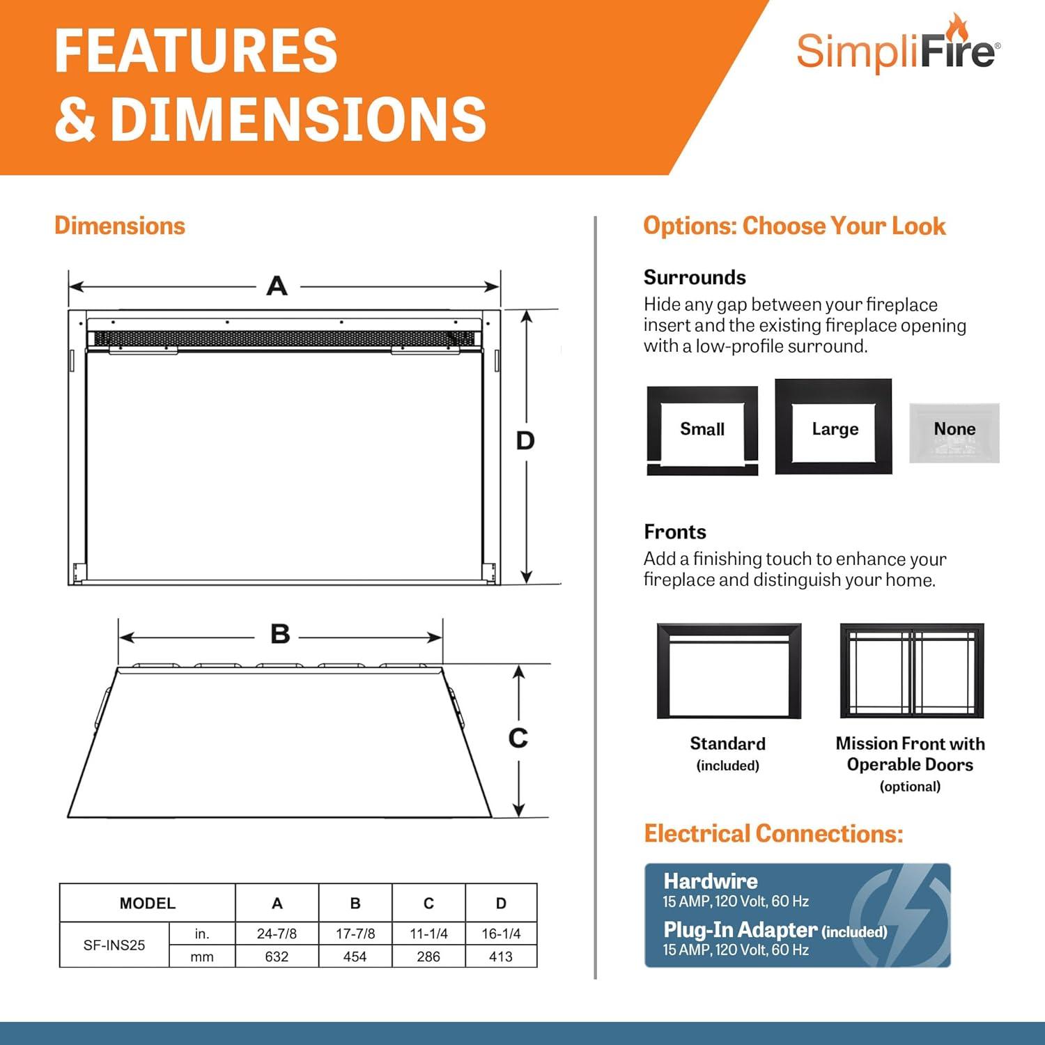 SimpliFire 25-Inch Black Electric Fireplace Insert