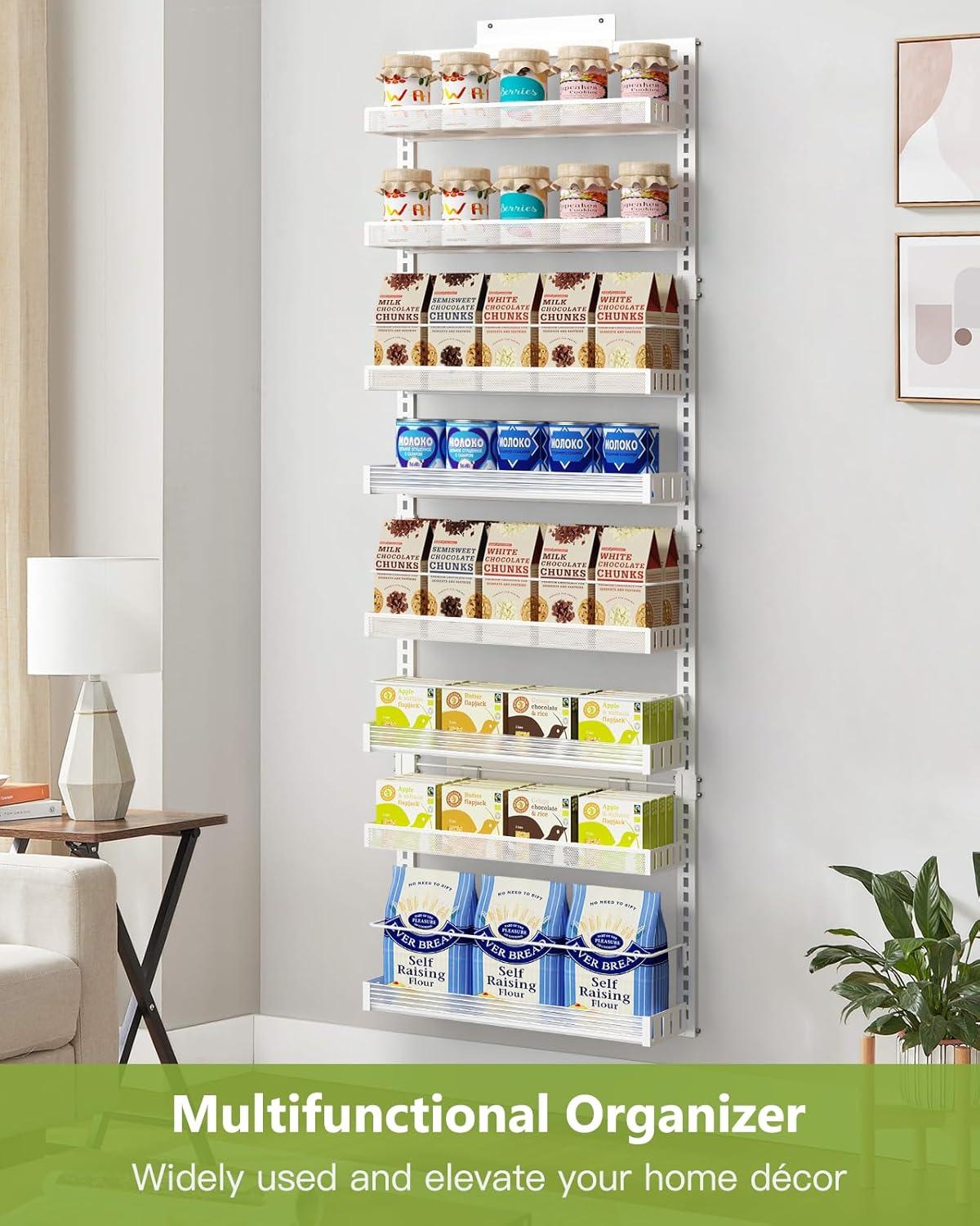 Over the Door Pantry Organizer, 8-Tier Large Wall Mounted Storage Spice Rack, 2 in 1 Heavy-Duty Metal Adjustable Hanging Baskets for Pantry, Bathroom, Kitchen, White