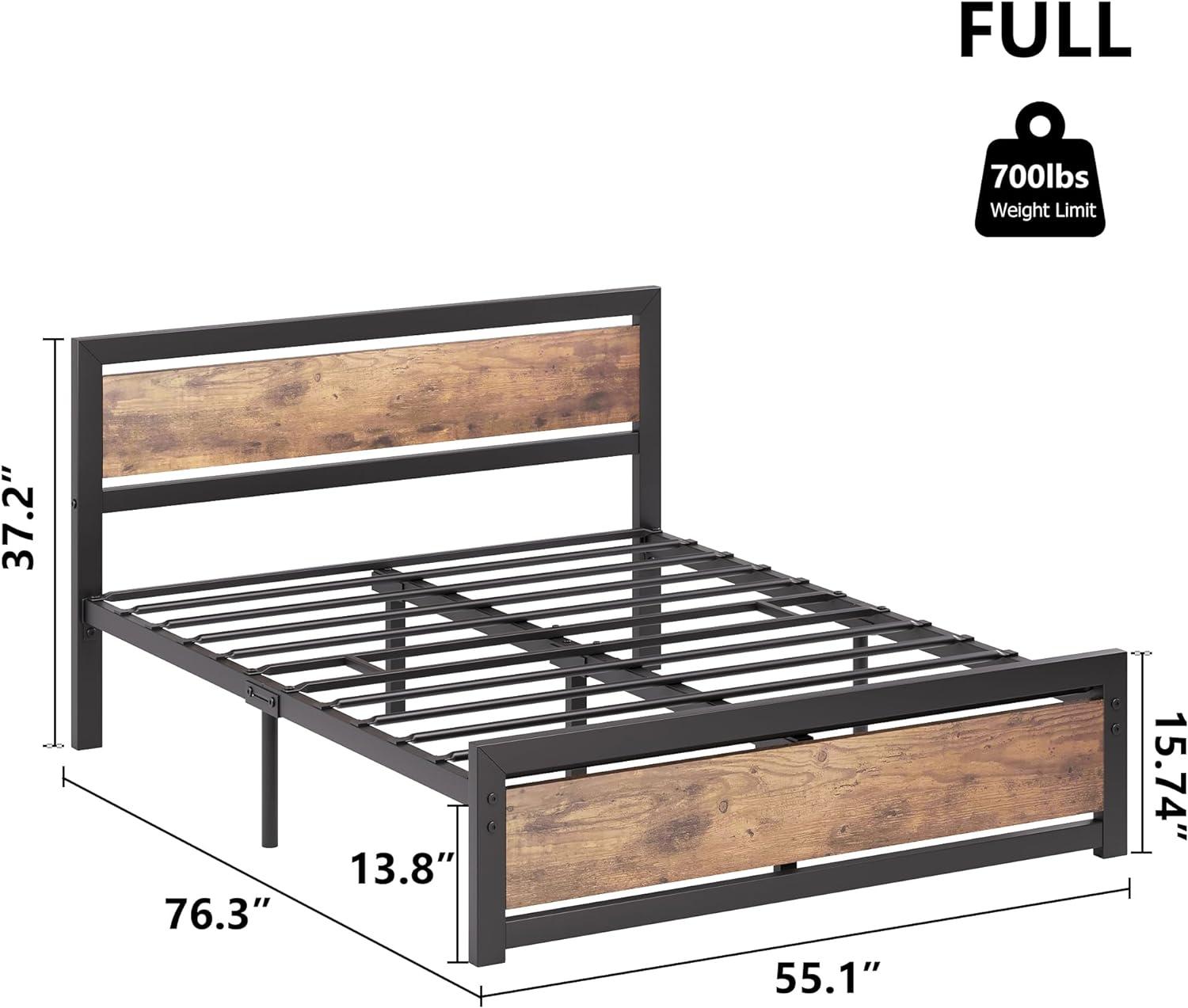 Full Size Black Metal Bed Frame with Rustic Wood Headboard